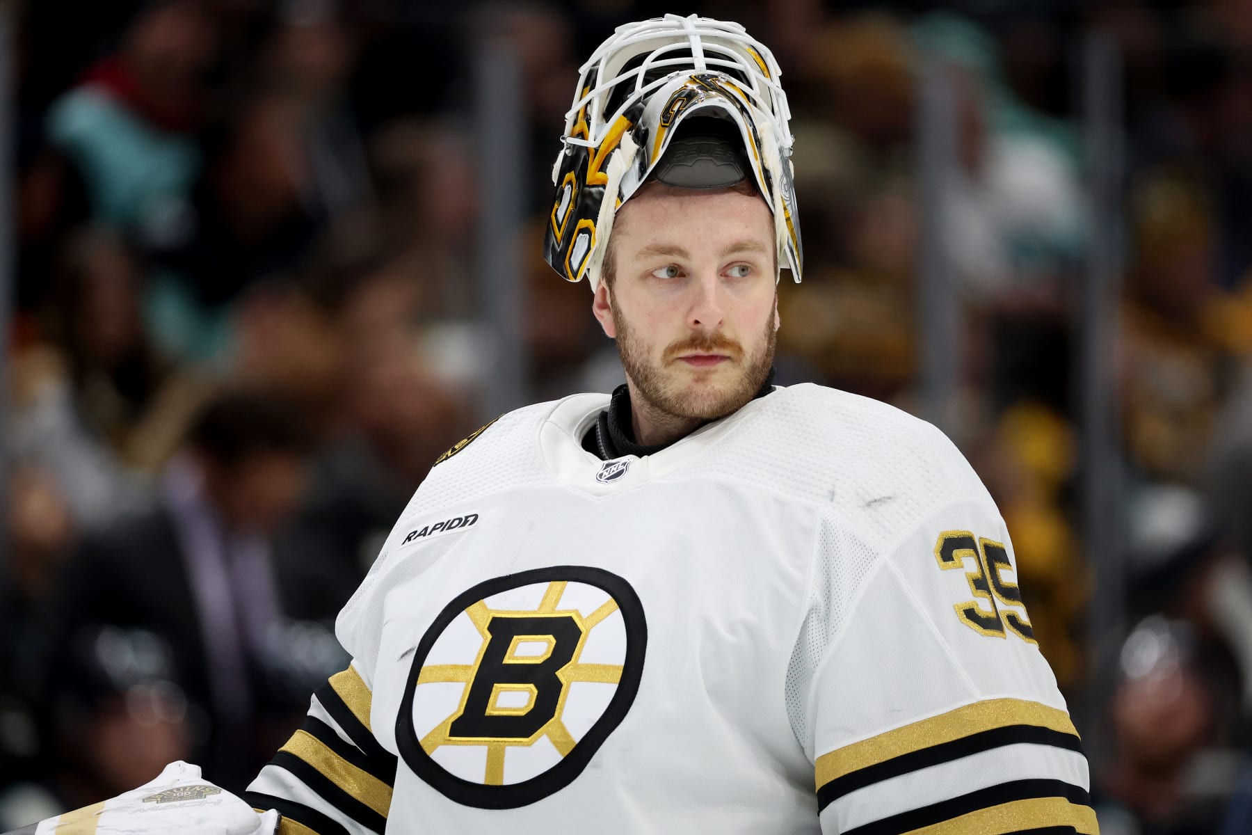 SEATTLE, WASHINGTON - FEBRUARY 26: Linus Ullmark #35 of the Boston Bruins looks on during the second period against the Seattle Kraken at Climate Pledge Arena on February 26, 2024 in Seattle, Washington. (Photo by Steph Chambers/Getty Images)