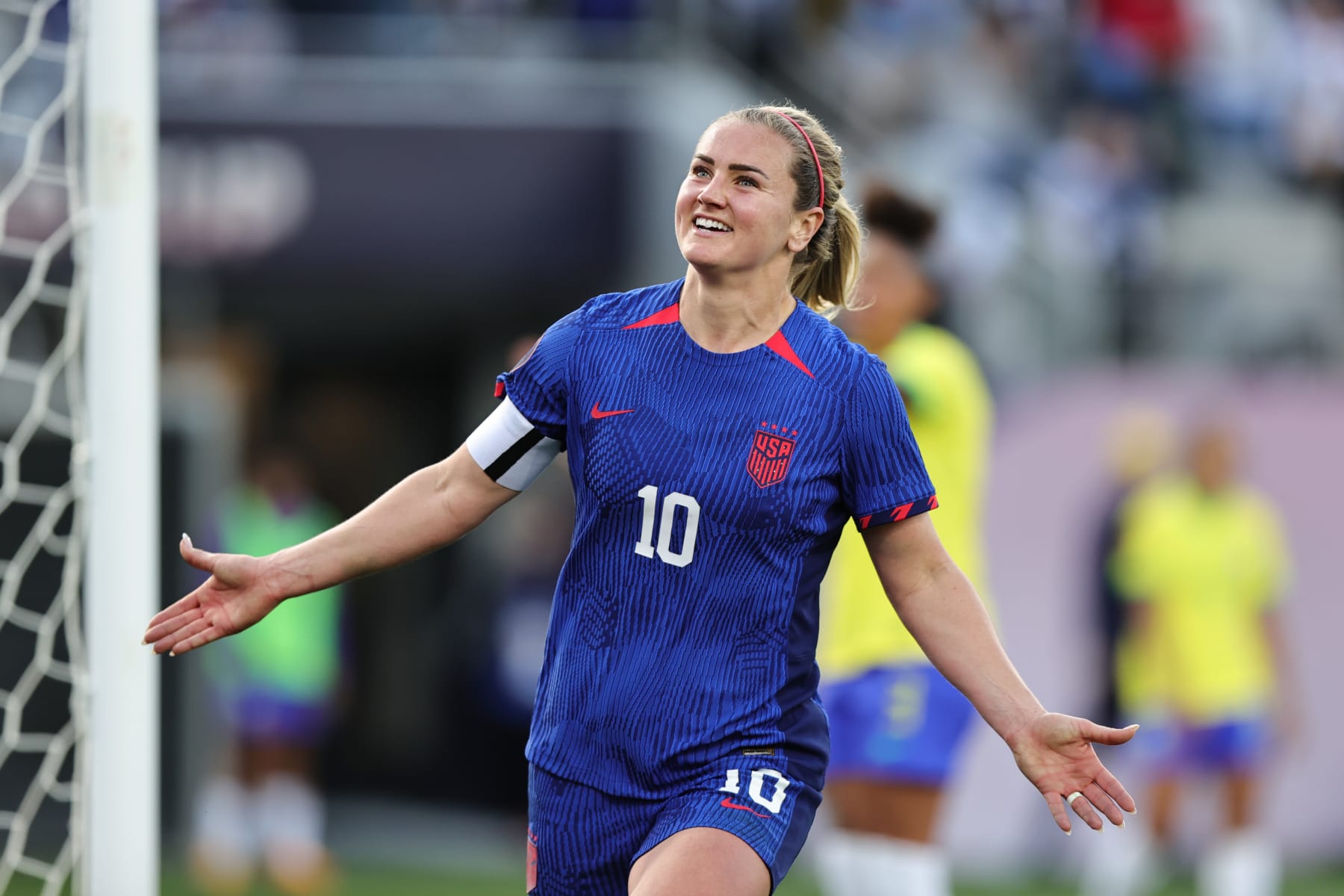 SAN DIEGO, CALIFORNIA - MARCH 10: Lindsey Horan #10 of United States celebrates after scoring her team's first goal during the CONCACAF W Gold Cup Final match between United States and Brazil at Snapdragon Stadium on March 10, 2024 in San Diego, California. (Photo by Omar Vega/Getty Images)