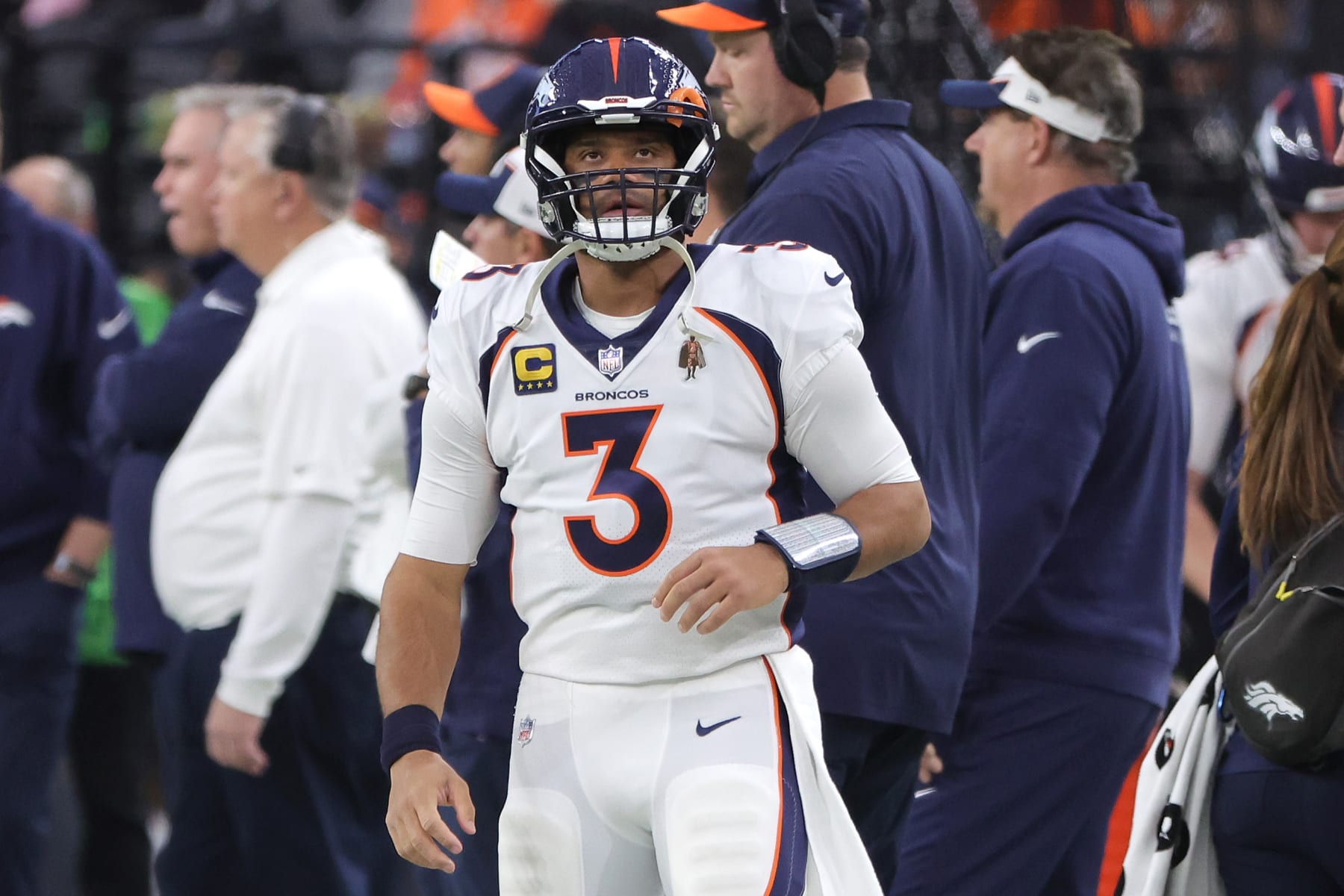 LAS VEGAS, NEVADA - JANUARY 07: Russell Wilson #3 of the Denver Broncos looks on during the third quarter in the game against the Las Vegas Raiders at Allegiant Stadium on January 07, 2024 in Las Vegas, Nevada. (Photo by Ethan Miller/Getty Images) LAS VEGAS, NEVADA - JANUARY 07: Russell Wilson #3 of the Denver Broncos looks on during the third quarter in the game against the Las Vegas Raiders at Allegiant Stadium on January 07, 2024 in Las Vegas, Nevada. (Photo by Ethan Miller/Getty Images)