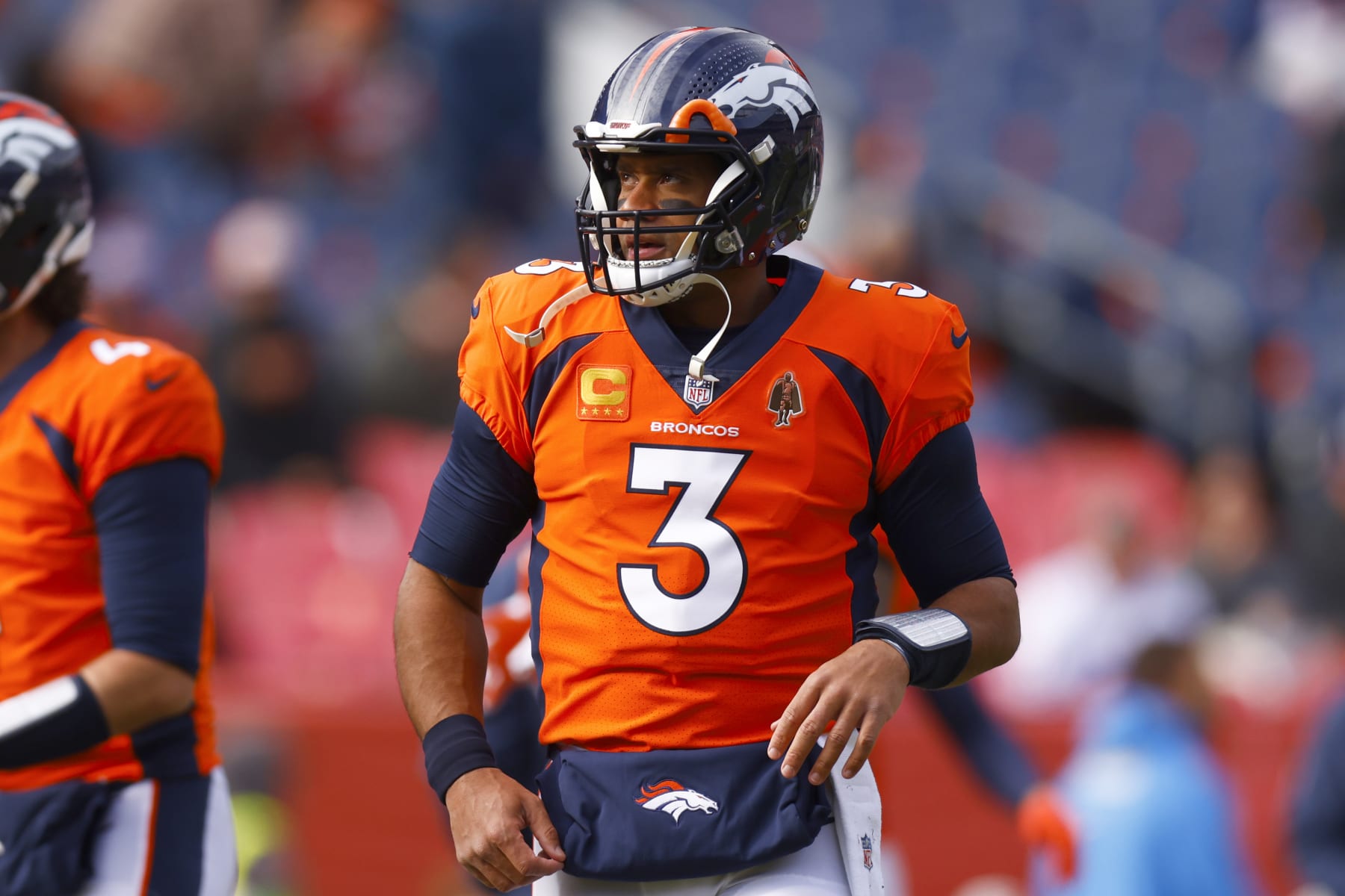 DENVER, COLORADO - DECEMBER 31: Russell Wilson #3 of the Denver Broncos warms up prior to a game against the Los Angeles Chargers at Empower Field At Mile High on December 31, 2023 in Denver, Colorado. (Photo by Justin Edmonds/Getty Images)