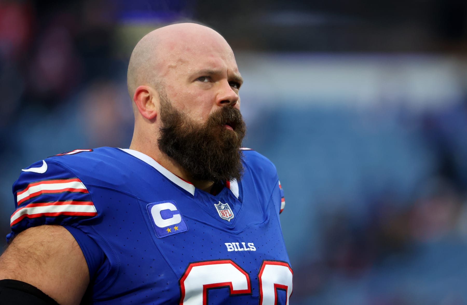 ORCHARD PARK, NEW YORK - DECEMBER 31: Mitch Morse #60 of the Buffalo Bills looks on before a game against the New England Patriots at Highmark Stadium on December 31, 2023 in Orchard Park, New York. (Photo by Timothy T Ludwig/Getty Images) ORCHARD PARK, NEW YORK - DECEMBER 31: Mitch Morse #60 of the Buffalo Bills looks on before a game against the New England Patriots at Highmark Stadium on December 31, 2023 in Orchard Park, New York. (Photo by Timothy T Ludwig/Getty Images)