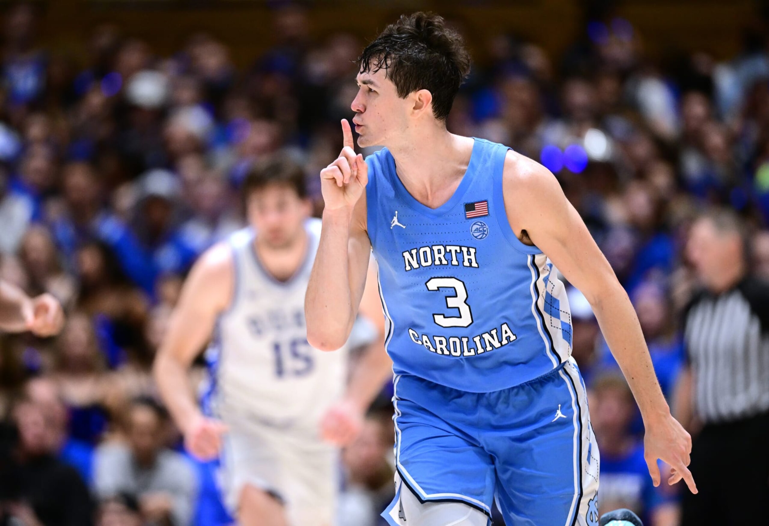 DURHAM, NORTH CAROLINA - MARCH 09: Cormac Ryan #3 of the North Carolina Tar Heels reacts after making a three-point basket against the Duke Blue Devils during the second half of the game at Cameron Indoor Stadium on March 09, 2024 in Durham, North Carolina.The Tar Heels won 84-79. (Photo by Grant Halverson/Getty Images)