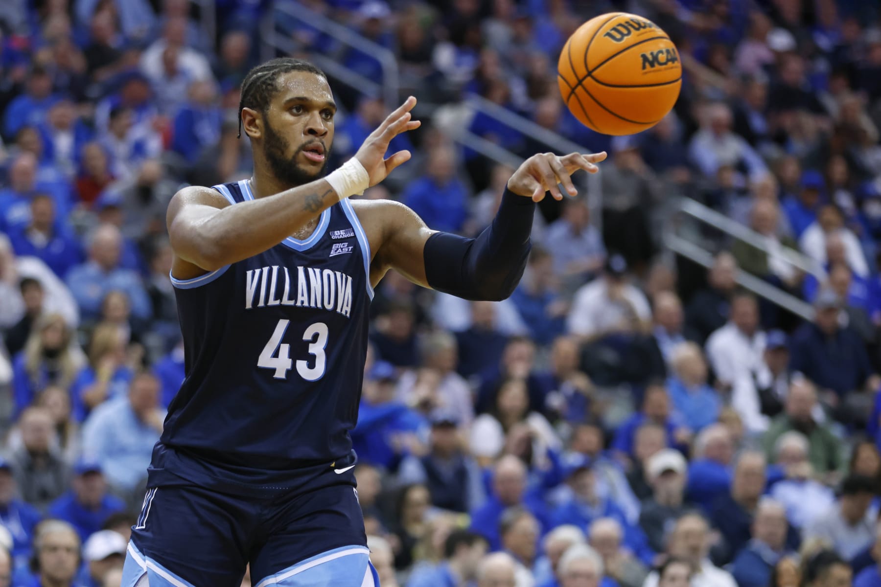 NEWARK, NEW JERSEY - MARCH 6: Eric Dixon #43 of the Villanova Wildcats in action against the Seton Hall Pirates during a game at Prudential Center on March 6, 2024 in Newark, New Jersey. (Photo by Rich Schultz/Getty Images)