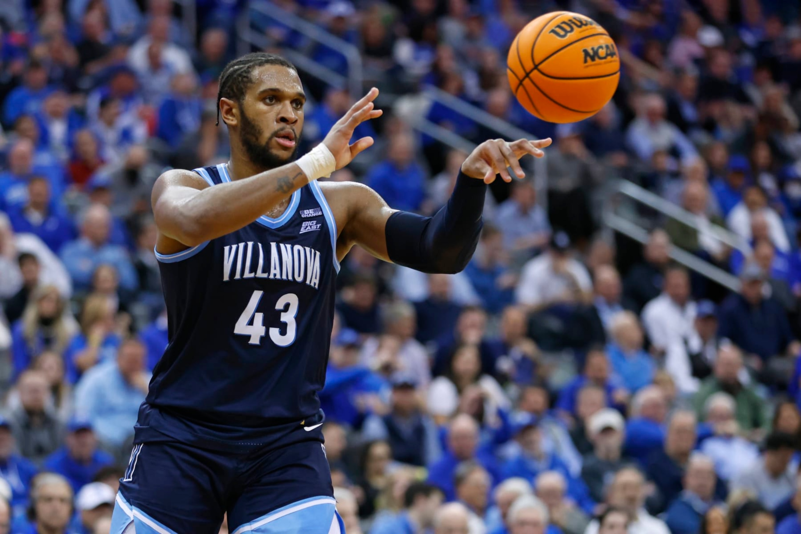 NEWARK, NEW JERSEY - MARCH 6: Eric Dixon #43 of the Villanova Wildcats in action against the Seton Hall Pirates during a game at Prudential Center on March 6, 2024 in Newark, New Jersey. (Photo by Rich Schultz/Getty Images)