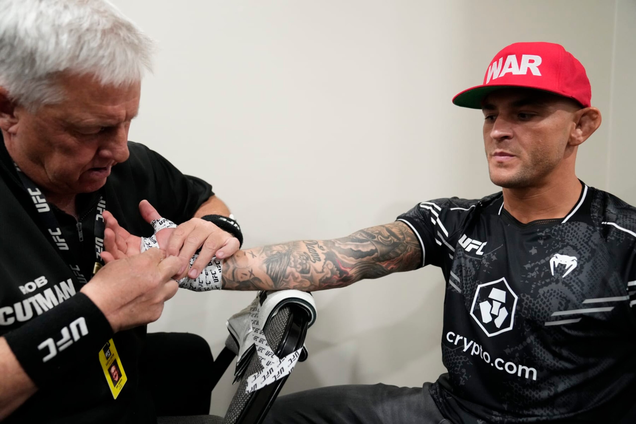 MIAMI, FLORIDA - MARCH 09: Dustin Poirier has his hands wrapped prior to his fight during the UFC 299 event at Kaseya Center on March 09, 2024 in Miami, Florida. (Photo by Mike Roach/Zuffa LLC via Getty Images)