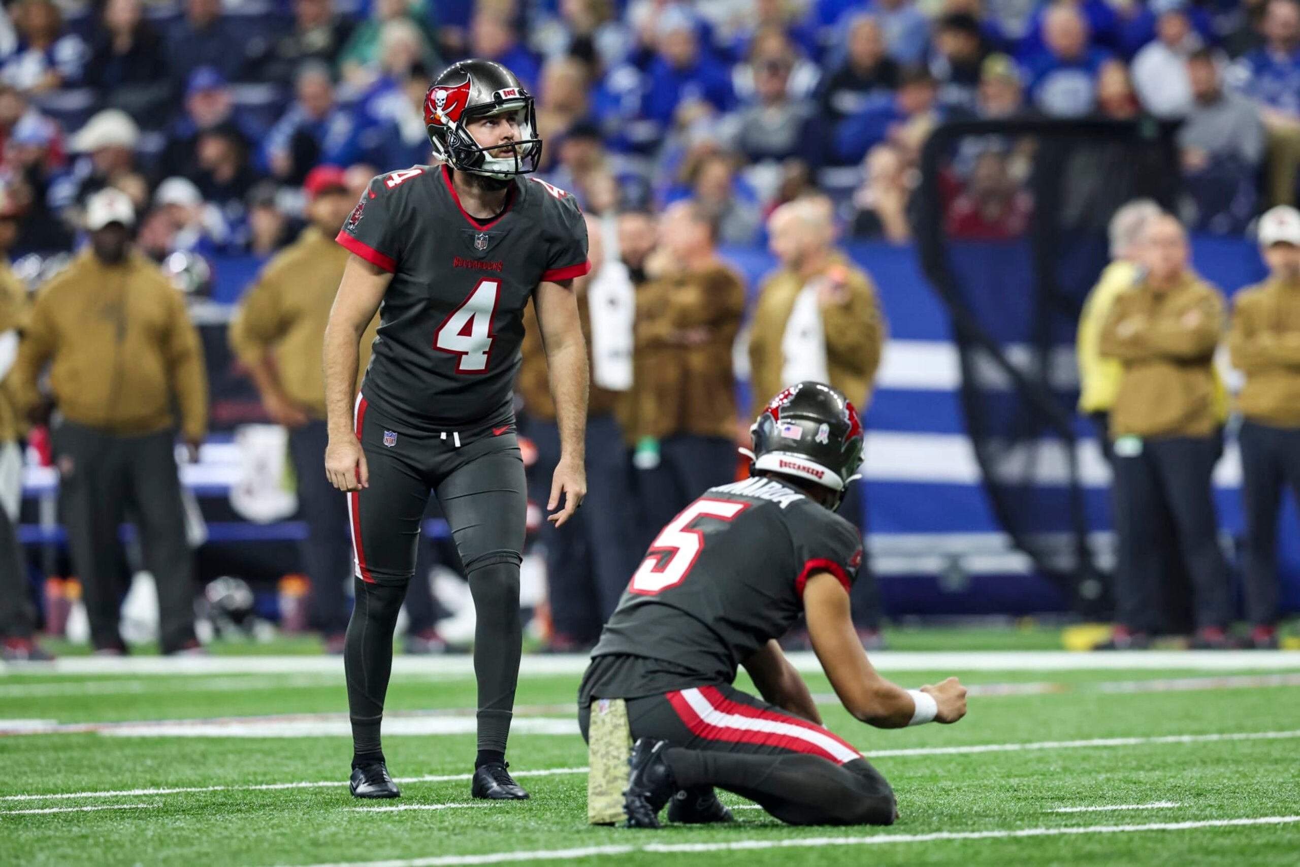INDIANAPOLIS, INDIANA - NOVEMBER 26: Chase McLaughlin #4 of the Tampa Bay Buccaneers kicks a field goal during the game against the Indianapolis Colts at Lucas Oil Stadium on November 26, 2023 in Indianapolis, Indiana. The Colts beat the Buccaneers 27-20. (Photo by Lauren Leigh Bacho/Getty Images)