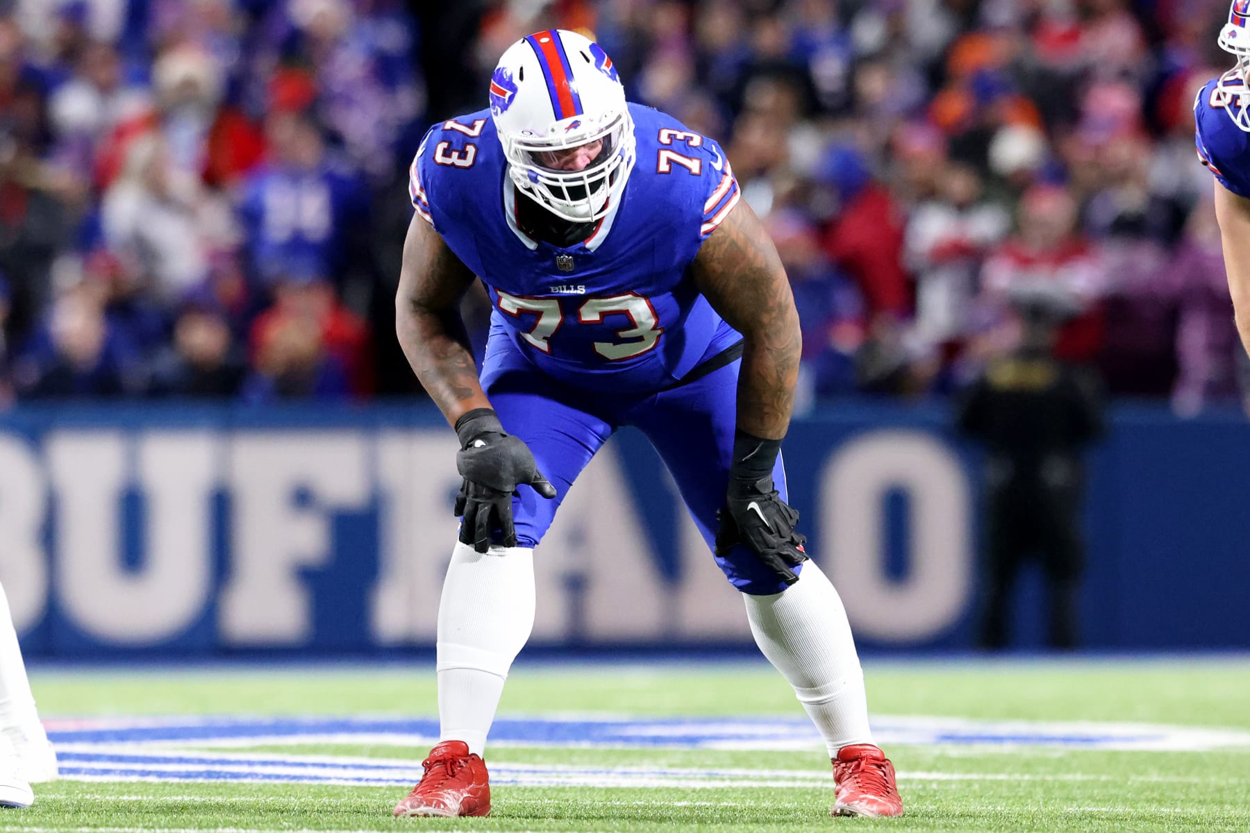ORCHARD PARK, NEW YORK - NOVEMBER 13: Dion Dawkins #73 of the Buffalo Bills lines up during the first quarter against the Denver Broncos at Highmark Stadium on November 13, 2023 in Orchard Park, New York. (Photo by Bryan Bennett/Getty Images) ORCHARD PARK, NEW YORK - NOVEMBER 13: Dion Dawkins #73 of the Buffalo Bills lines up during the first quarter against the Denver Broncos at Highmark Stadium on November 13, 2023 in Orchard Park, New York. (Photo by Bryan Bennett/Getty Images)