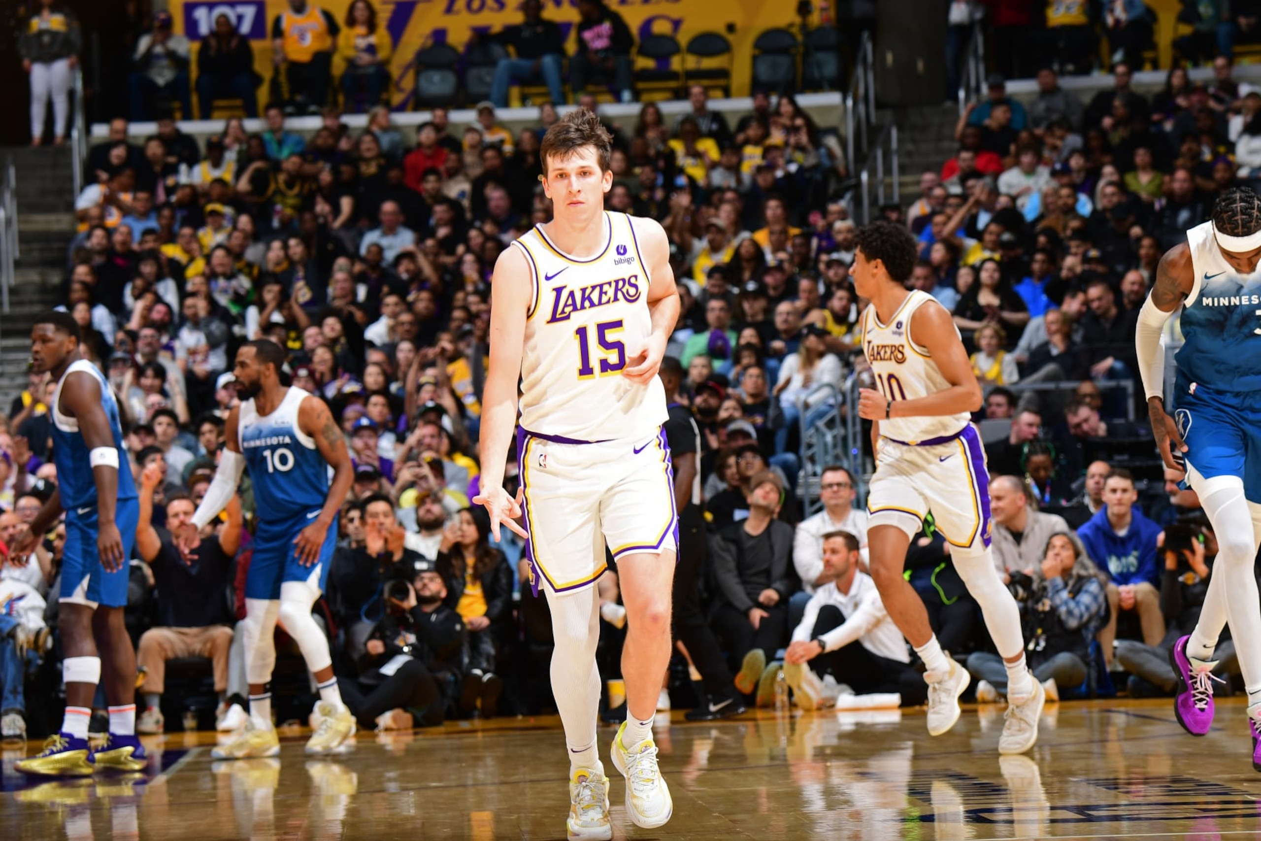 LOS ANGELES, CA - MARCH 10: Austin Reaves #15 of the Los Angeles Lakers celebrates during the game against the Minnesota Timberwolves on March 10, 2024 at Crypto.Com Arena in Los Angeles, California. NOTE TO USER: User expressly acknowledges and agrees that, by downloading and/or using this Photograph, user is consenting to the terms and conditions of the Getty Images License Agreement. Mandatory Copyright Notice: Copyright 2024 NBAE (Photo by Adam Pantozzi/NBAE via Getty Images) LOS ANGELES, CA - MARCH 10: Austin Reaves #15 of the Los Angeles Lakers celebrates during the game against the Minnesota Timberwolves on March 10, 2024 at Crypto.Com Arena in Los Angeles, California. NOTE TO USER: User expressly acknowledges and agrees that, by downloading and/or using this Photograph, user is consenting to the terms and conditions of the Getty Images License Agreement. Mandatory Copyright Notice: Copyright 2024 NBAE (Photo by Adam Pantozzi/NBAE via Getty Images)