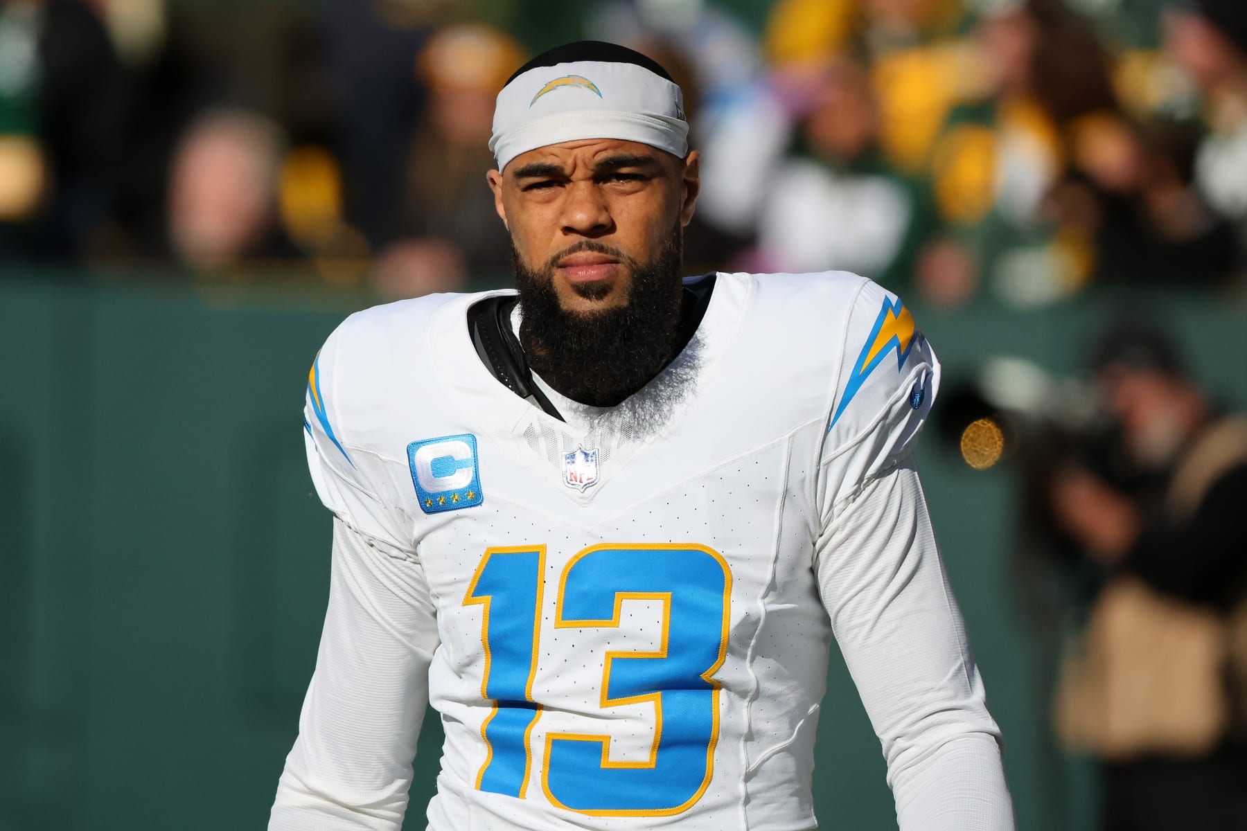 GREEN BAY, WISCONSIN - NOVEMBER 19: Keenan Allen #13 of the Los Angeles Chargers participates in warmups prior to a game against the Green Bay Packers at Lambeau Field on November 19, 2023 in Green Bay, Wisconsin. The Packers defeated the Chargers 23-20. (Photo by Stacy Revere/Getty Images)