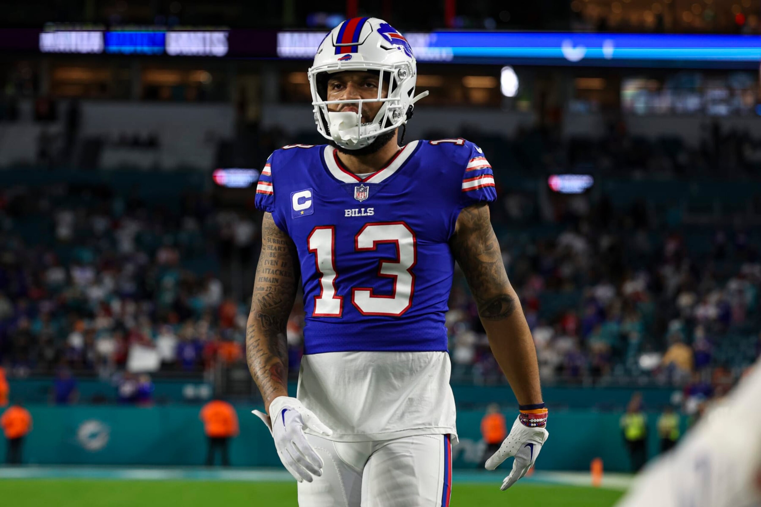 MIAMI GARDENS, FL - JANUARY 07: Gabe Davis #13 of the Buffalo Bills warms up prior to an NFL football game against the Miami Dolphins at Hard Rock Stadium on January 7, 2024 in Miami Gardens, Florida. (Photo by Perry Knotts/Getty Images)
