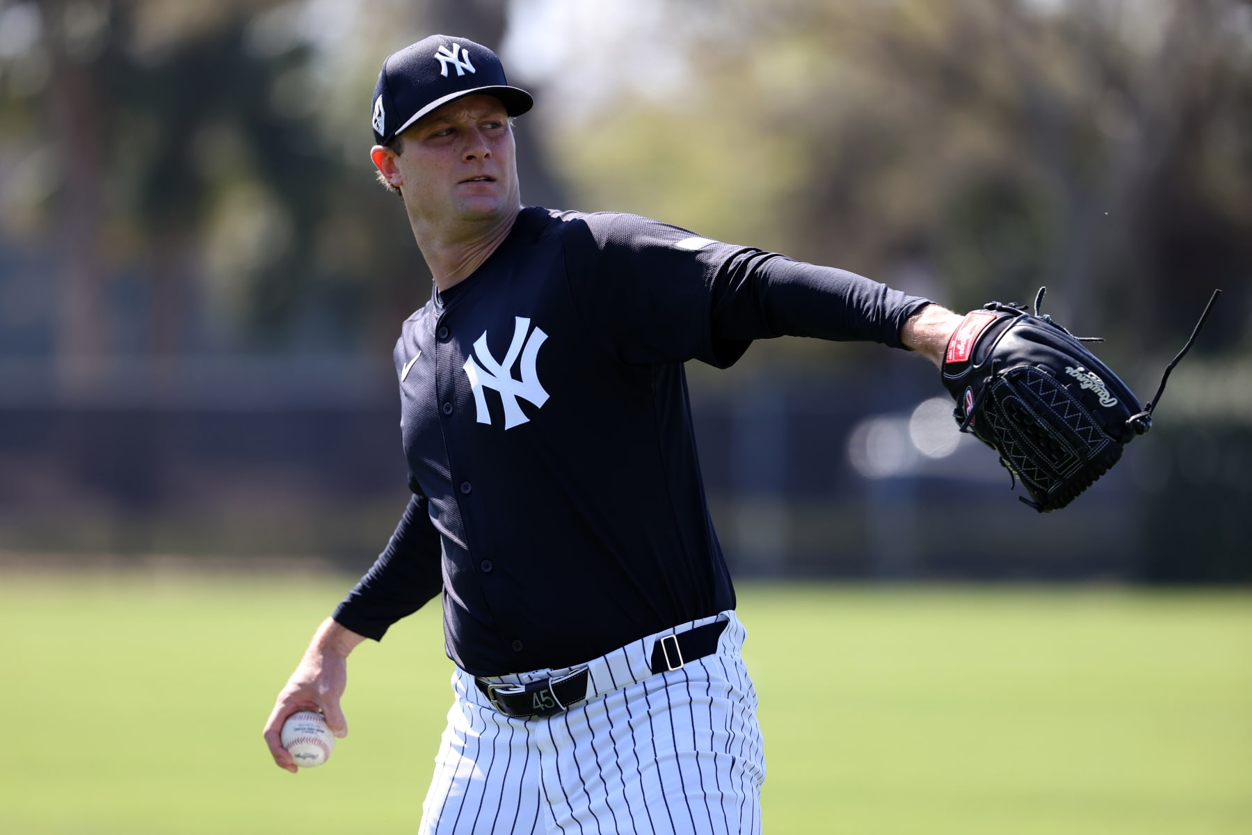 TAMPA, FL - FEBRUARY 21: Gerrit Cole #45 of the New York Yankees during spring training at George M. Steinbrenner Field on February 21, 2024 in Tampa, Florida. (Photo by New York Yankees/Getty Images)