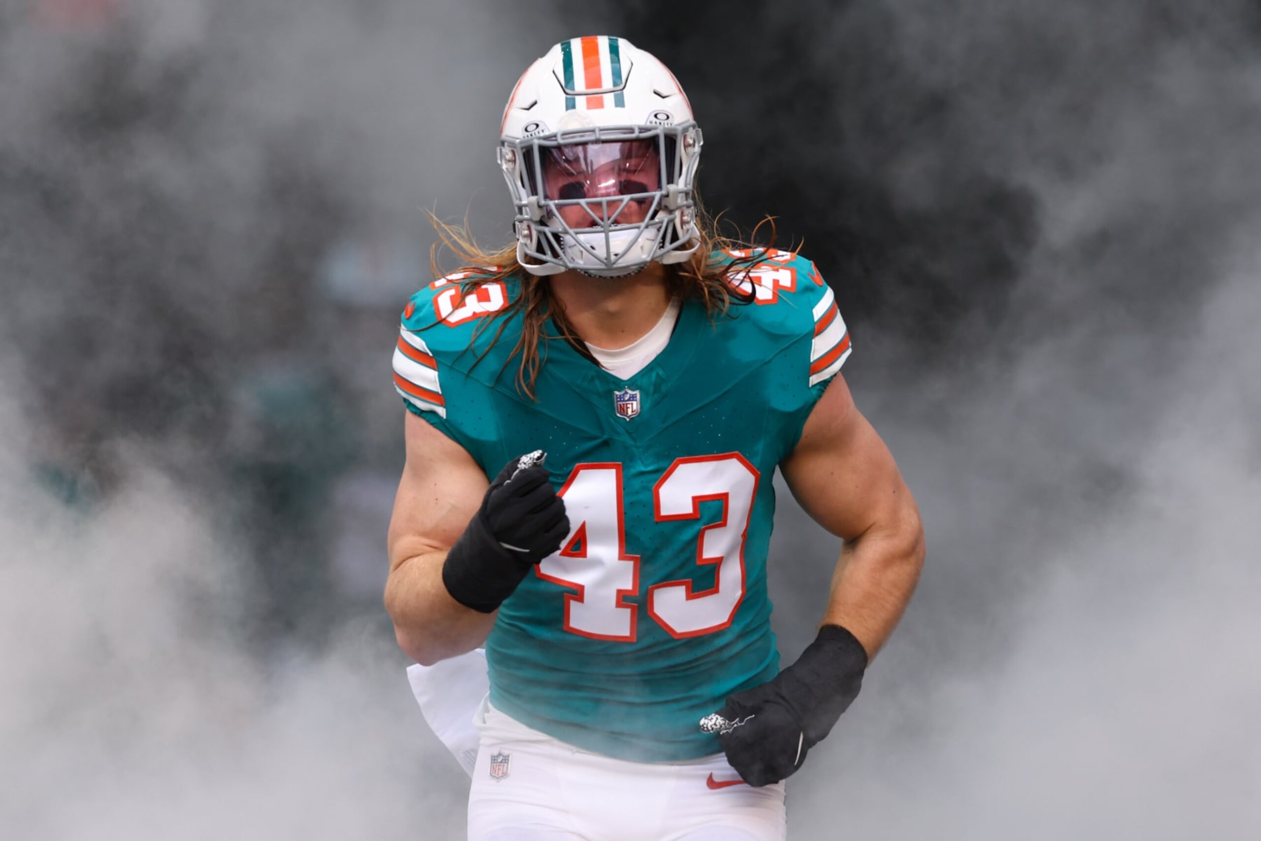 MIAMI GARDENS, FLORIDA - DECEMBER 24: Andrew Van Ginkel #43 of the Miami Dolphins takes the field prior to a game against the Dallas Cowboys at Hard Rock Stadium on December 24, 2023 in Miami Gardens, Florida. (Photo by Megan Briggs/Getty Images)