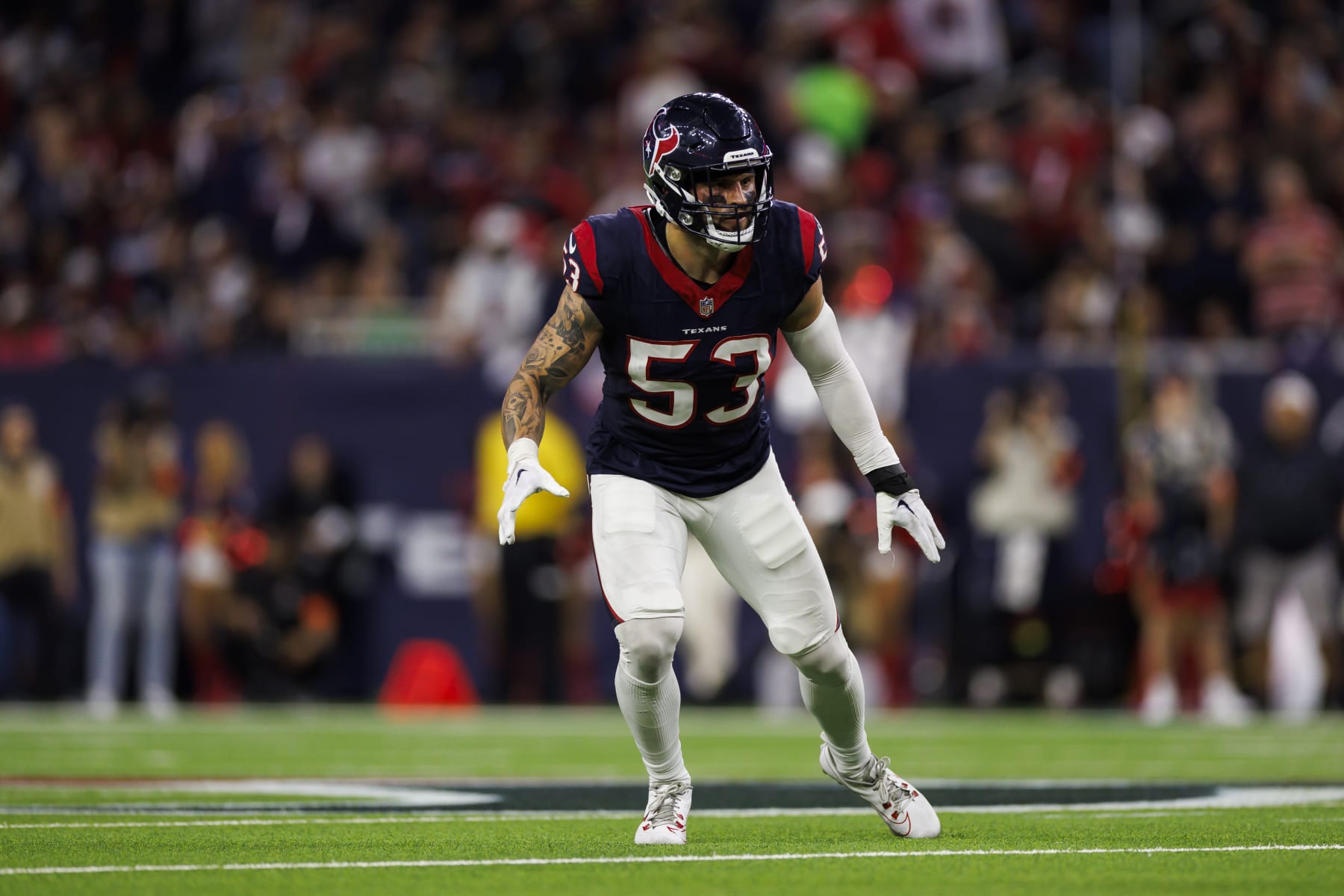 HOUSTON, TEXAS - JANUARY 13: Blake Cashman #53 of the Houston Texans defends in coverage during an AFC wild-card playoff football game against the Cleveland Browns at NRG Stadium on January 13, 2024 in Houston, Texas. (Photo by Ryan Kang/Getty Images) HOUSTON, TEXAS - JANUARY 13: Blake Cashman #53 of the Houston Texans defends in coverage during an AFC wild-card playoff football game against the Cleveland Browns at NRG Stadium on January 13, 2024 in Houston, Texas. (Photo by Ryan Kang/Getty Images)