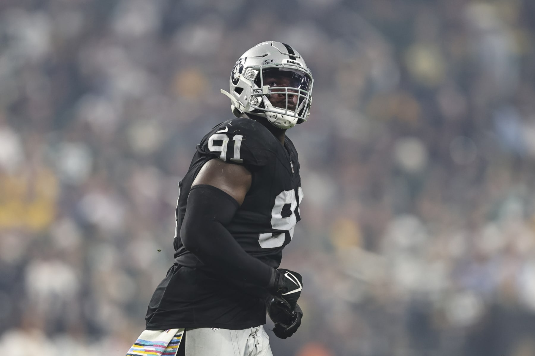 LAS VEGAS, NEVADA - OCTOBER 09: Bilal Nichols #91 of the Las Vegas Raiders runs during an NFL football game between the Las Vegas Raiders and the Green Bay Packers at Allegiant Stadium on October 09, 2023 in Las Vegas, Nevada. (Photo by Michael Owens/Getty Images) LAS VEGAS, NEVADA - OCTOBER 09: Bilal Nichols #91 of the Las Vegas Raiders runs during an NFL football game between the Las Vegas Raiders and the Green Bay Packers at Allegiant Stadium on October 09, 2023 in Las Vegas, Nevada. (Photo by Michael Owens/Getty Images)