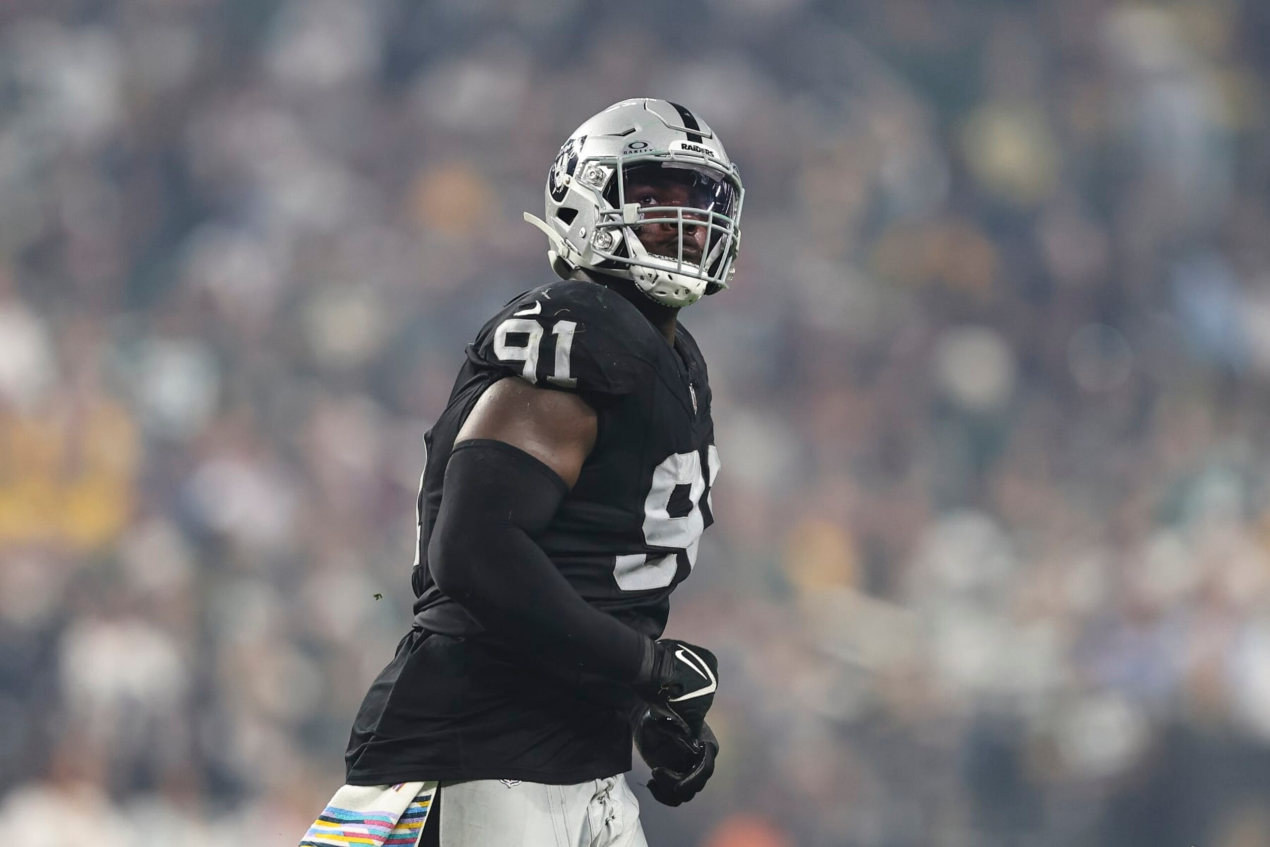 LAS VEGAS, NEVADA - OCTOBER 09: Bilal Nichols #91 of the Las Vegas Raiders runs during an NFL football game between the Las Vegas Raiders and the Green Bay Packers at Allegiant Stadium on October 09, 2023 in Las Vegas, Nevada. (Photo by Michael Owens/Getty Images)