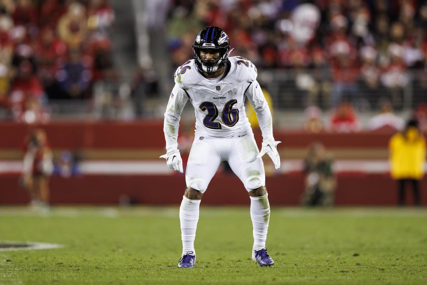 SANTA CLARA, CALIFORNIA - DECEMBER 25: Geno Stone #26 of the Baltimore Ravens defends in coverage during an NFL football game against the San Francisco 49ers at Levi's Stadium on December 25, 2023 in Santa Clara, California. (Photo by Ryan Kang/Getty Images) SANTA CLARA, CALIFORNIA - DECEMBER 25: Geno Stone #26 of the Baltimore Ravens defends in coverage during an NFL football game against the San Francisco 49ers at Levi's Stadium on December 25, 2023 in Santa Clara, California. (Photo by Ryan Kang/Getty Images)