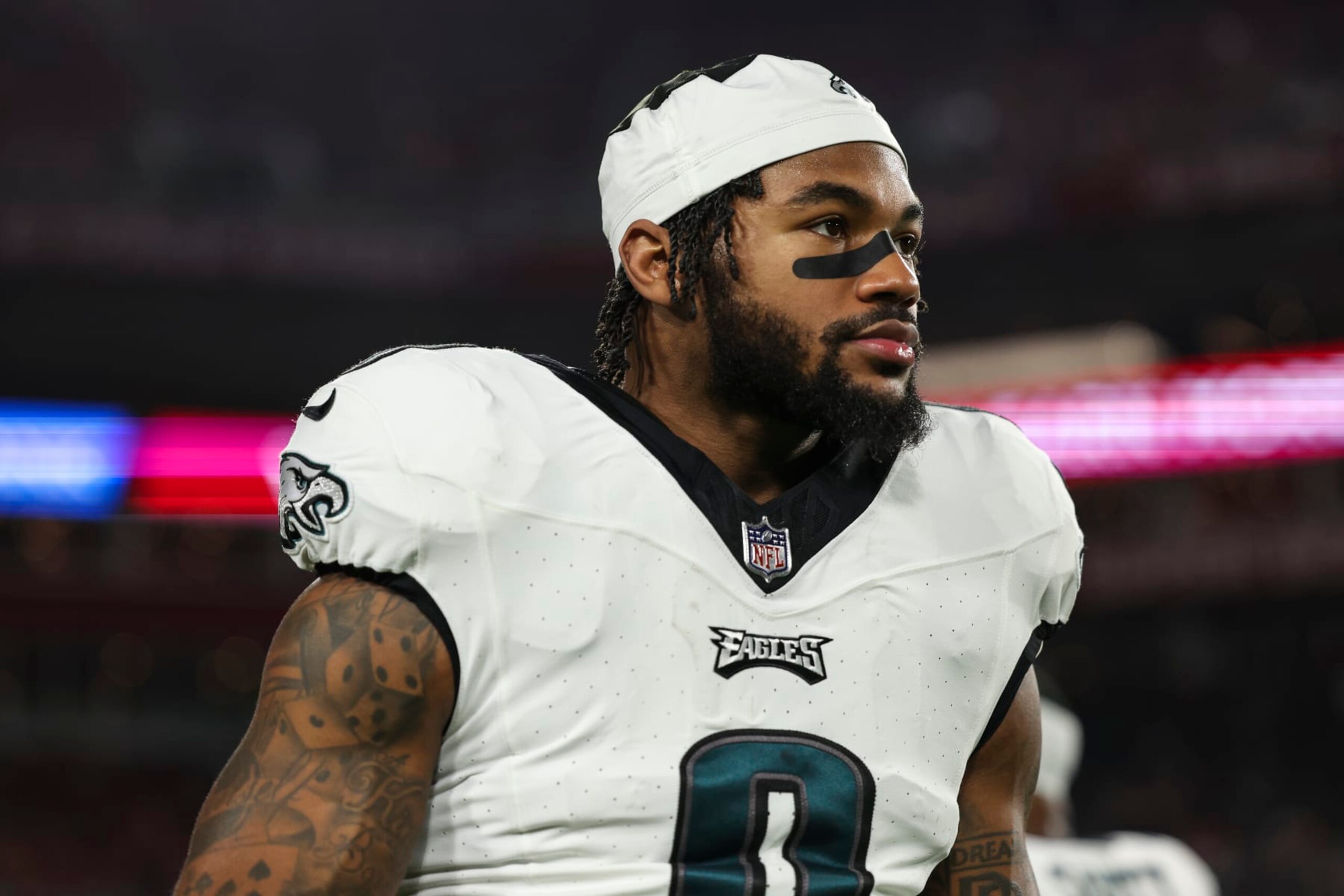 TAMPA, FL - JANUARY 15: D'Andre Swift #0 of the Philadelphia Eagles warms up prior to an NFL Wild Card playoff football game against the Tampa Bay Buccaneers at Raymond James Stadium on January 15, 2024 in Tampa, Florida. (Photo by Perry Knotts/Getty Images) TAMPA, FL - JANUARY 15: D'Andre Swift #0 of the Philadelphia Eagles warms up prior to an NFL Wild Card playoff football game against the Tampa Bay Buccaneers at Raymond James Stadium on January 15, 2024 in Tampa, Florida. (Photo by Perry Knotts/Getty Images)