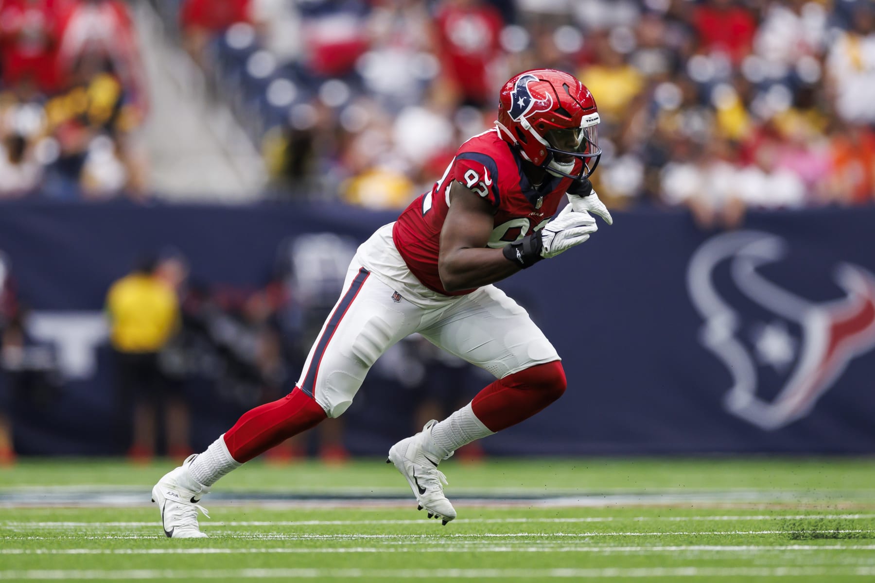 HOUSTON, TEXAS - OCTOBER 01: Dylan Horton #92 of the Houston Texans runs around the edge during an NFL football game against the Pittsburgh Steelers, Sunday at NRG Stadium on October 1, 2023 in Houston, Texas. (Photo by Ryan Kang/Getty Images)