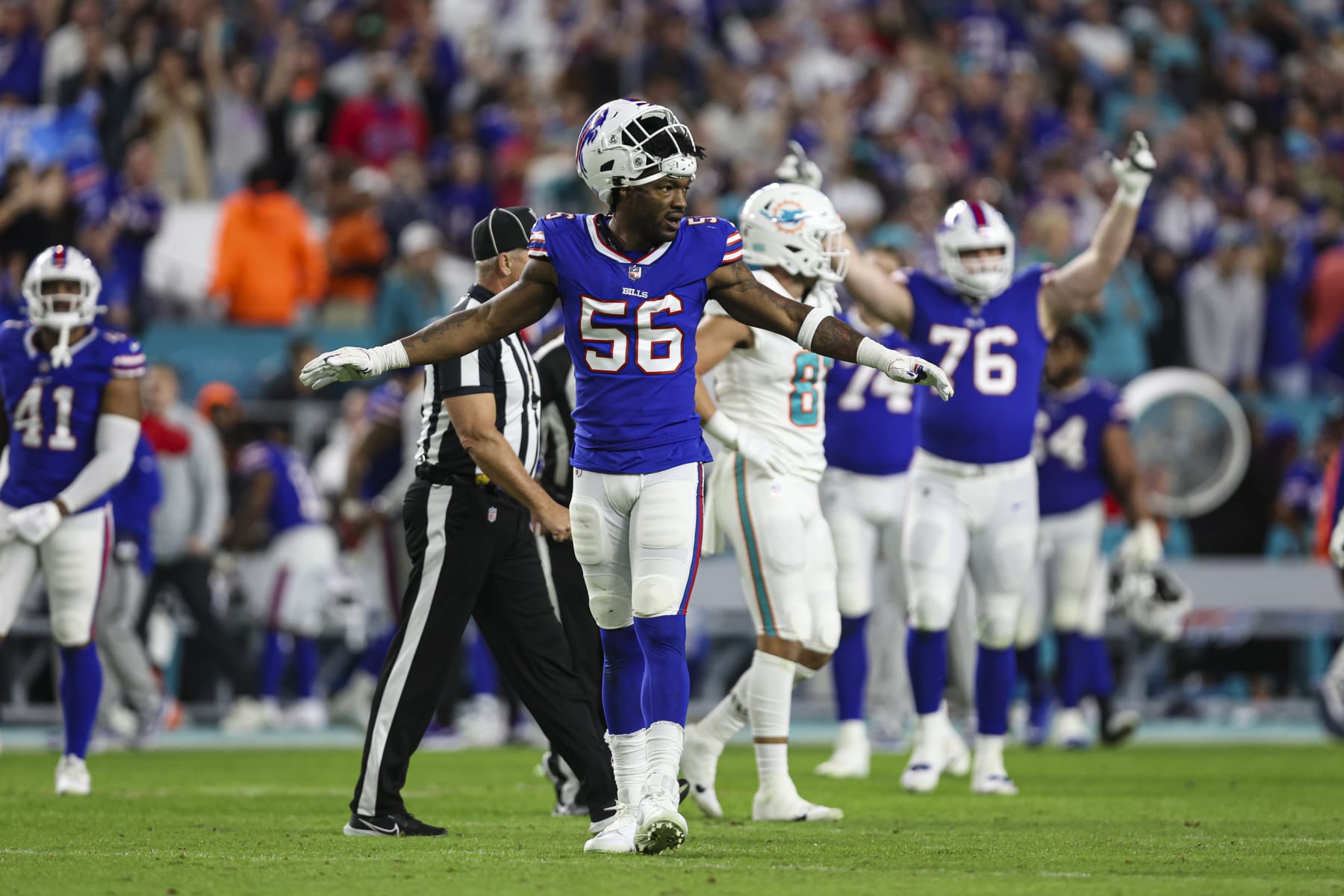 MIAMI GARDENS, FL - JANUARY 07: Leonard Floyd #56 of the Buffalo Bills celebrates during an NFL football game against the Miami Dolphins at Hard Rock Stadium on January 7, 2024 in Miami Gardens, Florida. (Photo by Perry Knotts/Getty Images)
