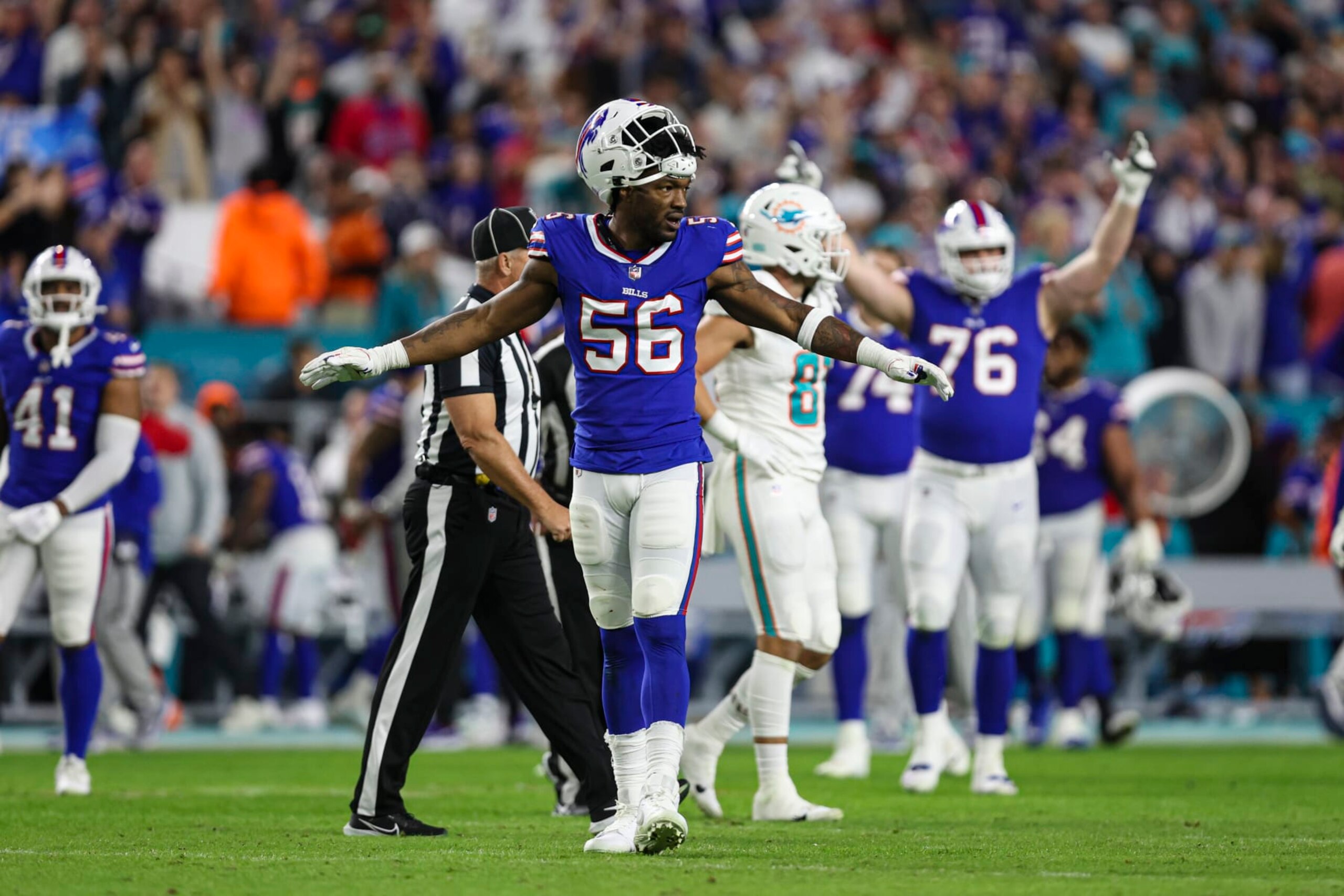 MIAMI GARDENS, FL - JANUARY 07: Leonard Floyd #56 of the Buffalo Bills celebrates during an NFL football game against the Miami Dolphins at Hard Rock Stadium on January 7, 2024 in Miami Gardens, Florida. (Photo by Perry Knotts/Getty Images) MIAMI GARDENS, FL - JANUARY 07: Leonard Floyd #56 of the Buffalo Bills celebrates during an NFL football game against the Miami Dolphins at Hard Rock Stadium on January 7, 2024 in Miami Gardens, Florida. (Photo by Perry Knotts/Getty Images)