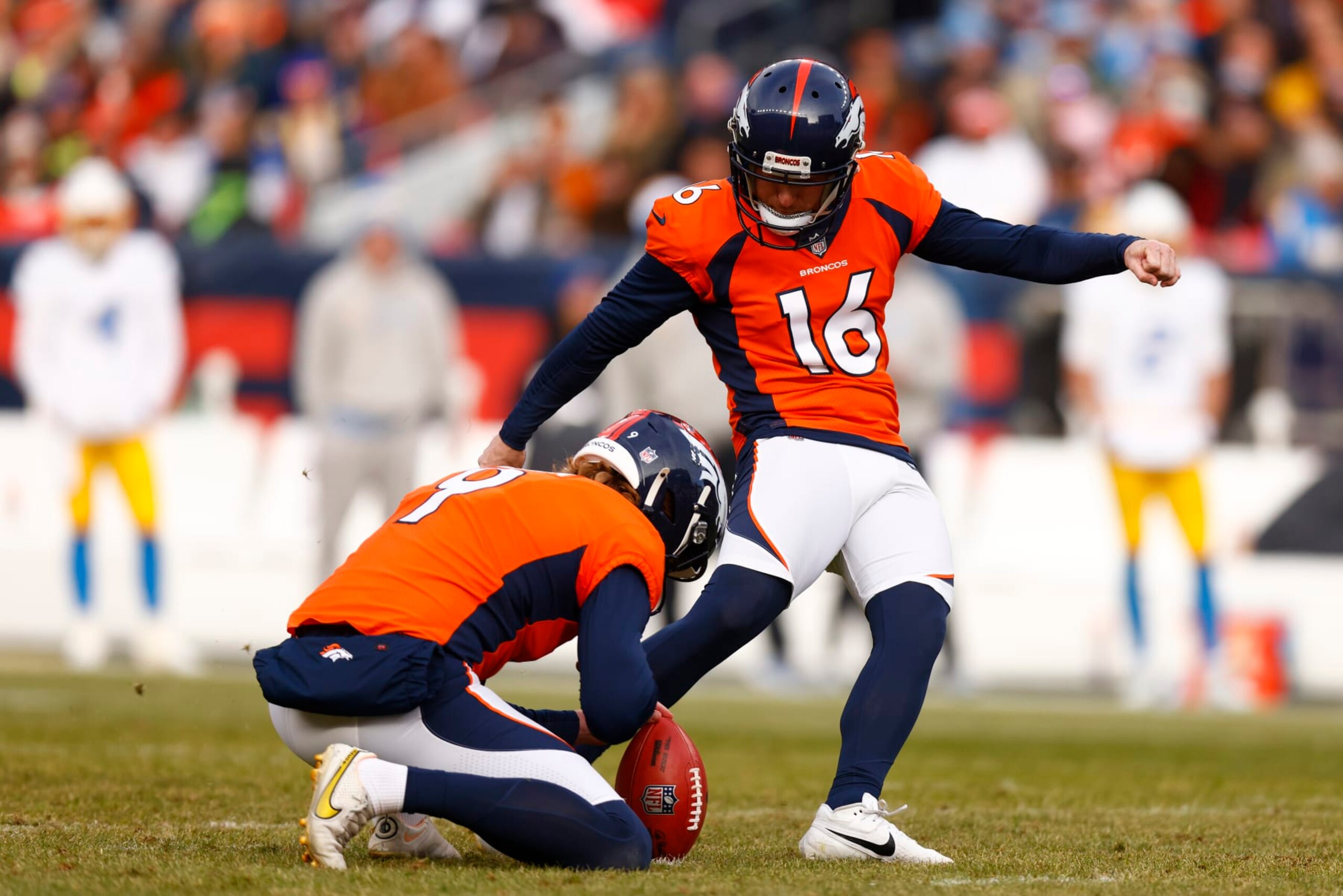DENVER, COLORADO - DECEMBER 31: Wil Lutz #16 of the Denver Broncos kicks a field goal during the second quarter against the Los Angeles Chargers at Empower Field At Mile High on December 31, 2023 in Denver, Colorado. (Photo by Justin Edmonds/Getty Images)
