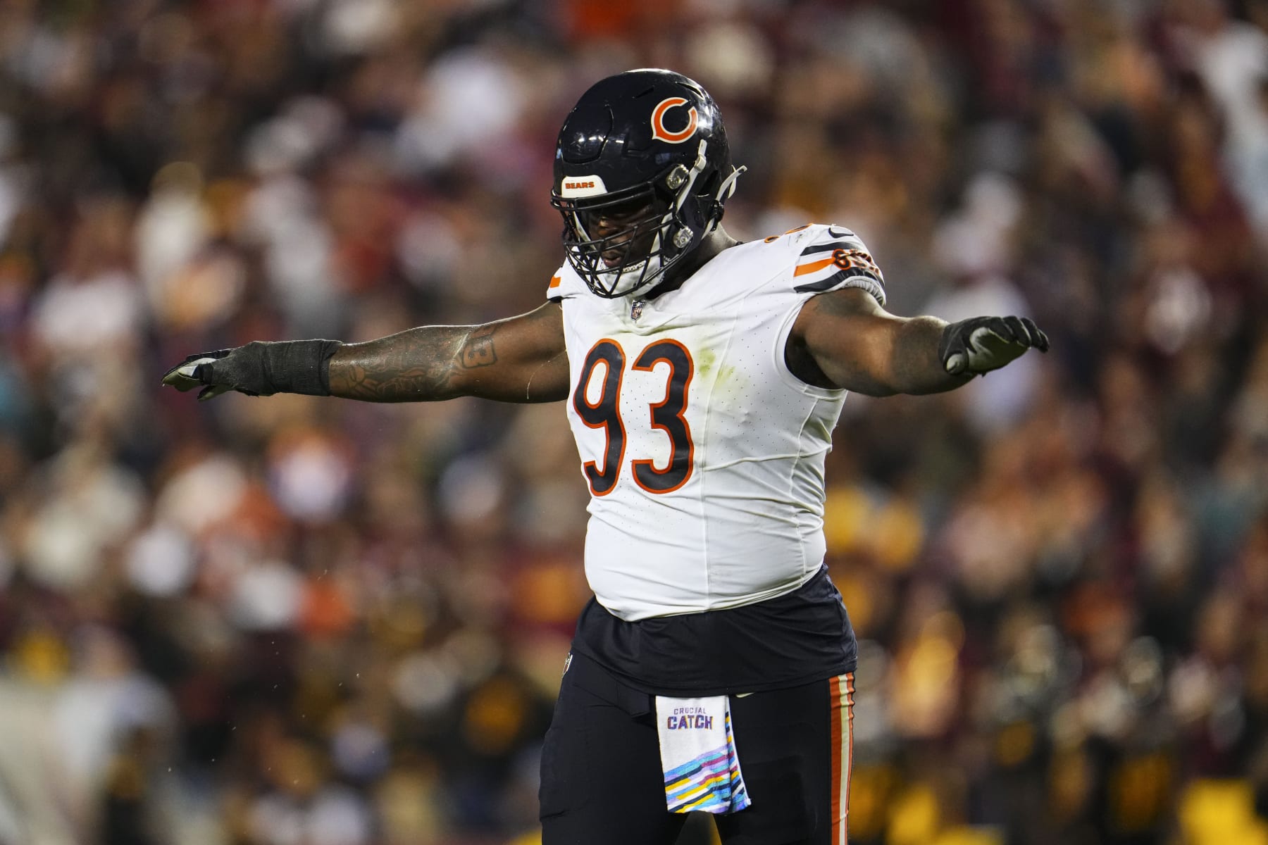 LANDOVER, MD - OCTOBER 05: Justin Jones #93 of the Chicago Bears celebrates after a missed field goal during an NFL game against the Washington Commanders at FedEx Field on October 5, 2023 in Landover, Maryland. (Photo by Cooper Neill/Getty Images) LANDOVER, MD - OCTOBER 05: Justin Jones #93 of the Chicago Bears celebrates after a missed field goal during an NFL game against the Washington Commanders at FedEx Field on October 5, 2023 in Landover, Maryland. (Photo by Cooper Neill/Getty Images)