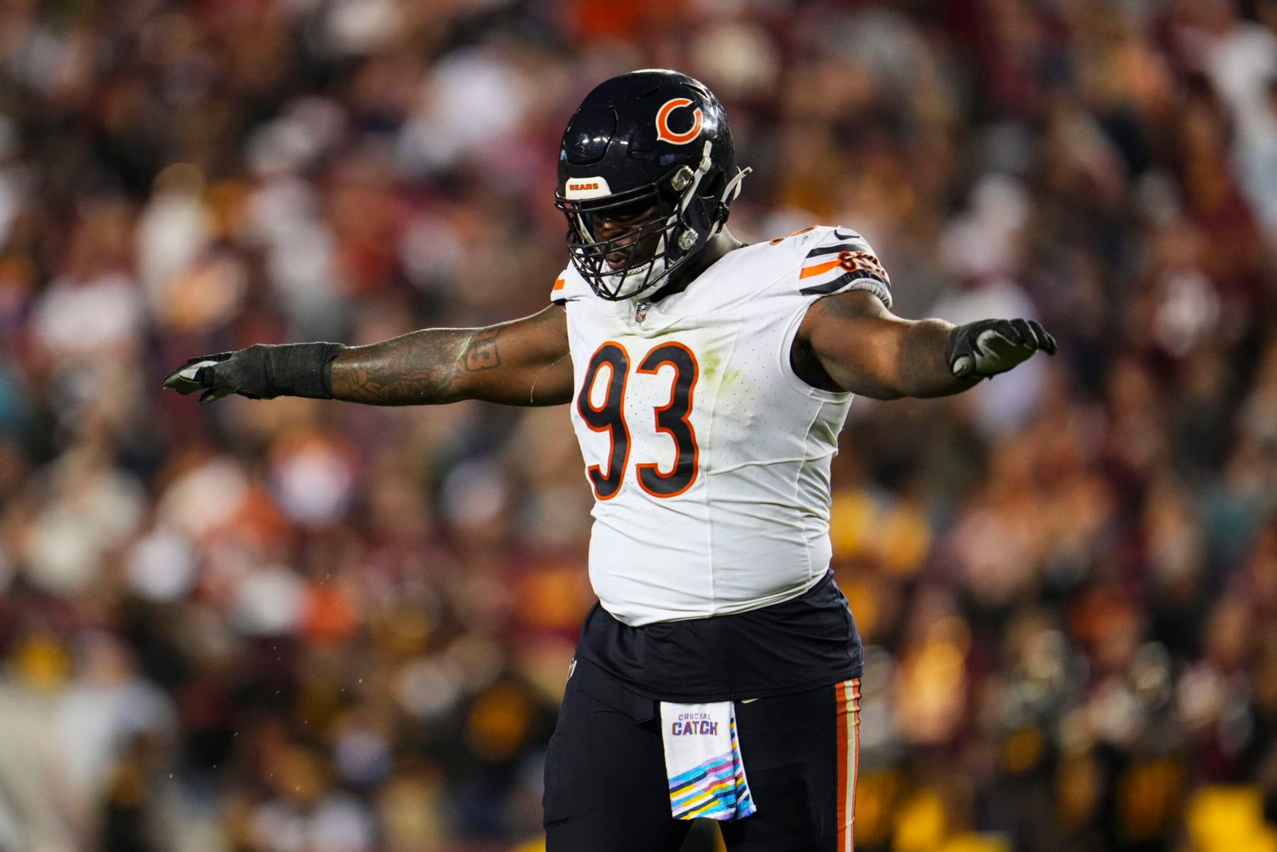 LANDOVER, MD - OCTOBER 05: Justin Jones #93 of the Chicago Bears celebrates after a missed field goal during an NFL game against the Washington Commanders at FedEx Field on October 5, 2023 in Landover, Maryland. (Photo by Cooper Neill/Getty Images)