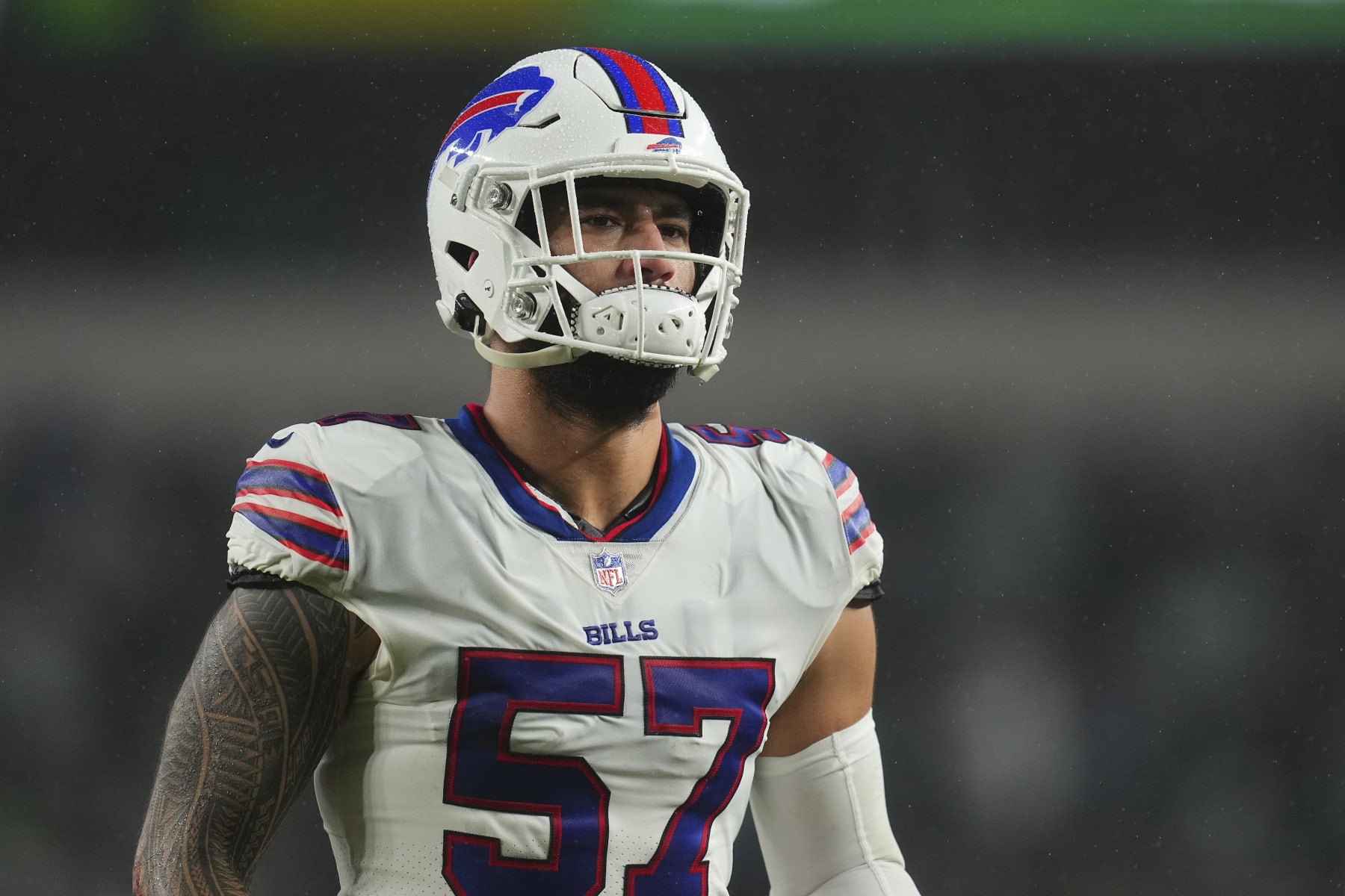 PHILADELPHIA, PENNSYLVANIA - NOVEMBER 26: AJ Epenesa #57 of the Buffalo Bills looks on against the Philadelphia Eagles at Lincoln Financial Field on November 26, 2023 in Philadelphia, Pennsylvania. (Photo by Mitchell Leff/Getty Images) PHILADELPHIA, PENNSYLVANIA - NOVEMBER 26: AJ Epenesa #57 of the Buffalo Bills looks on against the Philadelphia Eagles at Lincoln Financial Field on November 26, 2023 in Philadelphia, Pennsylvania. (Photo by Mitchell Leff/Getty Images)