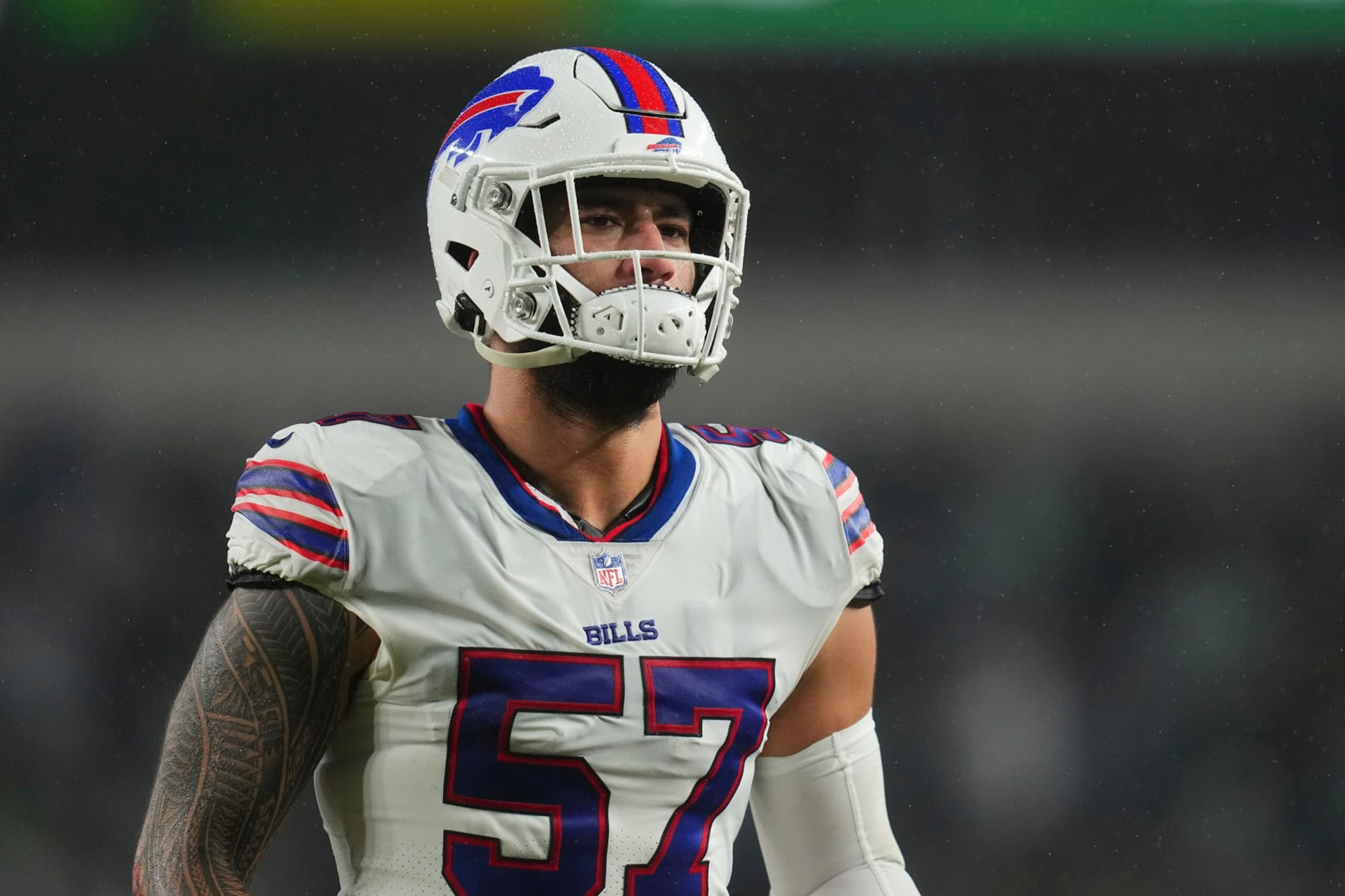 PHILADELPHIA, PENNSYLVANIA - NOVEMBER 26: AJ Epenesa #57 of the Buffalo Bills looks on against the Philadelphia Eagles at Lincoln Financial Field on November 26, 2023 in Philadelphia, Pennsylvania. (Photo by Mitchell Leff/Getty Images)