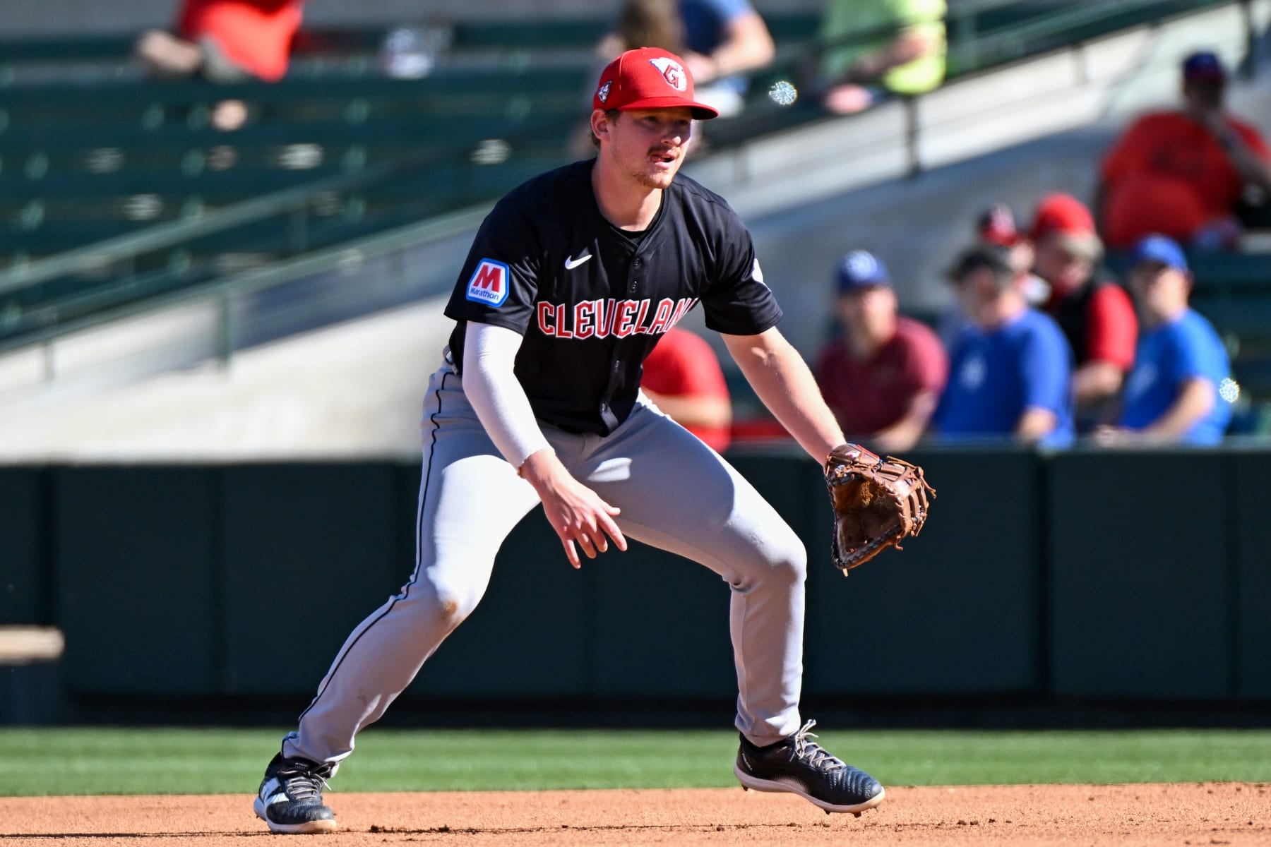 TEMPE, ARIZONA - FEBRUARY 29, 2024: Kyle Manzardo #73 of the Cleveland Guardians in the field during the seventh inning of a spring training game against the Los Angeles Angels at Tempe Diablo Stadium on February 29, 2024 in Tempe, Arizona. (Photo by David Durochik/Diamond Images via Getty Images)