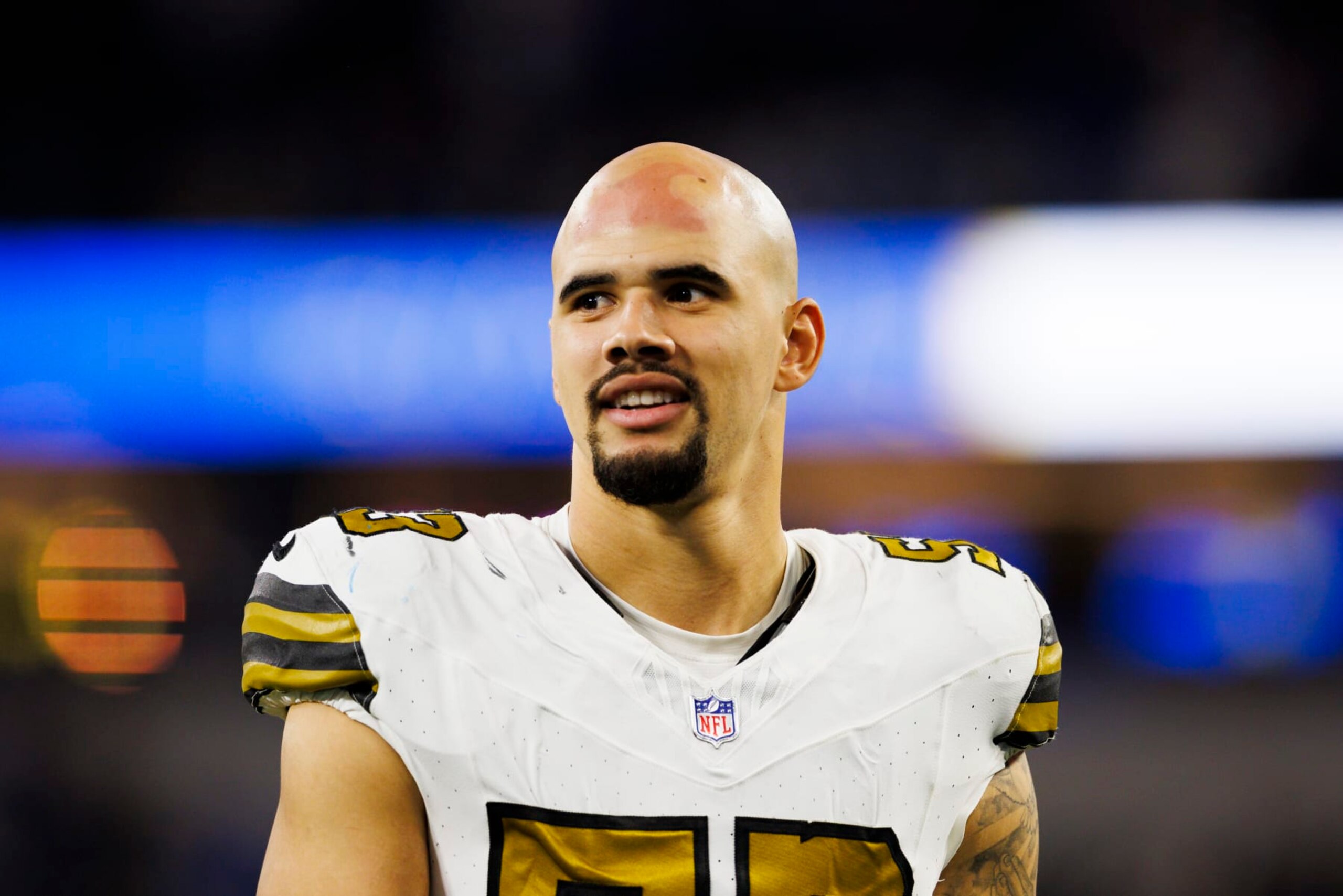 INGLEWOOD, CALIFORNIA - DECEMBER 21: Zack Baun #53 of the New Orleans Saints walks off the field during a game against the Los Angeles Rams at SoFi Stadium on December 21, 2023 in Inglewood, California. (Photo by Ric Tapia/Getty Images)