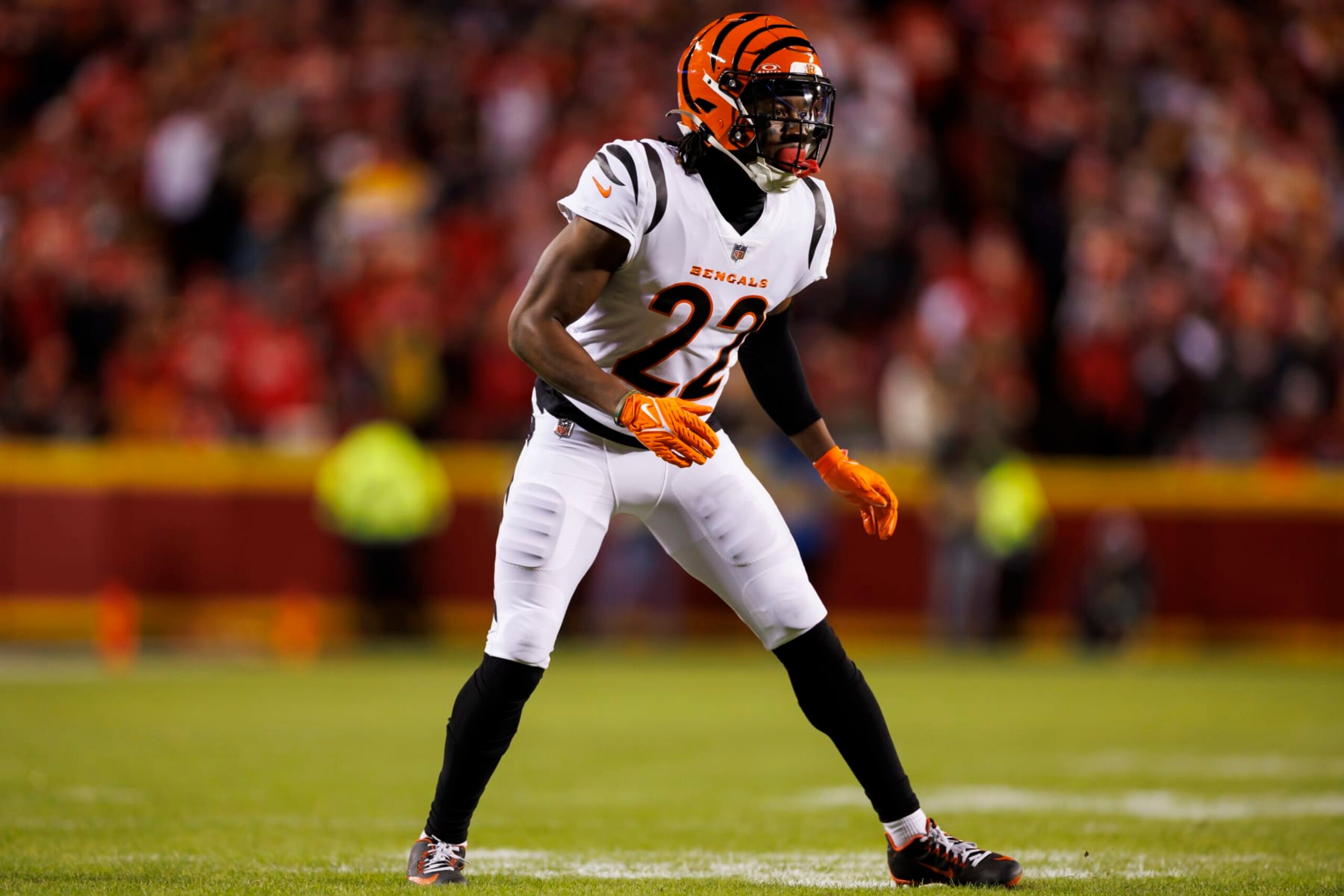 KANSAS CITY, MISSOURI - DECEMBER 31: Chidobe Awuzie #22 of the Cincinnati Bengals defends in coverage during an NFL football game against the Kansas City Chiefs at GEHA Field at Arrowhead Stadium on December 31, 2023 in Kansas City, Missouri. (Photo by Ryan Kang/Getty Images)