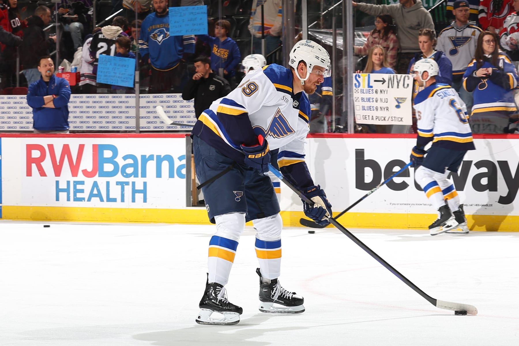 NEWARK, NJ - MARCH 07: Pavel Buchnevich #89 of the St. Louis Blues warms up prior to the game against the New Jersey Devils at the Prudential Center on March 7, 2024 in Newark, New Jersey.  (Photo by Rich Graessle/NHLI via Getty Images)