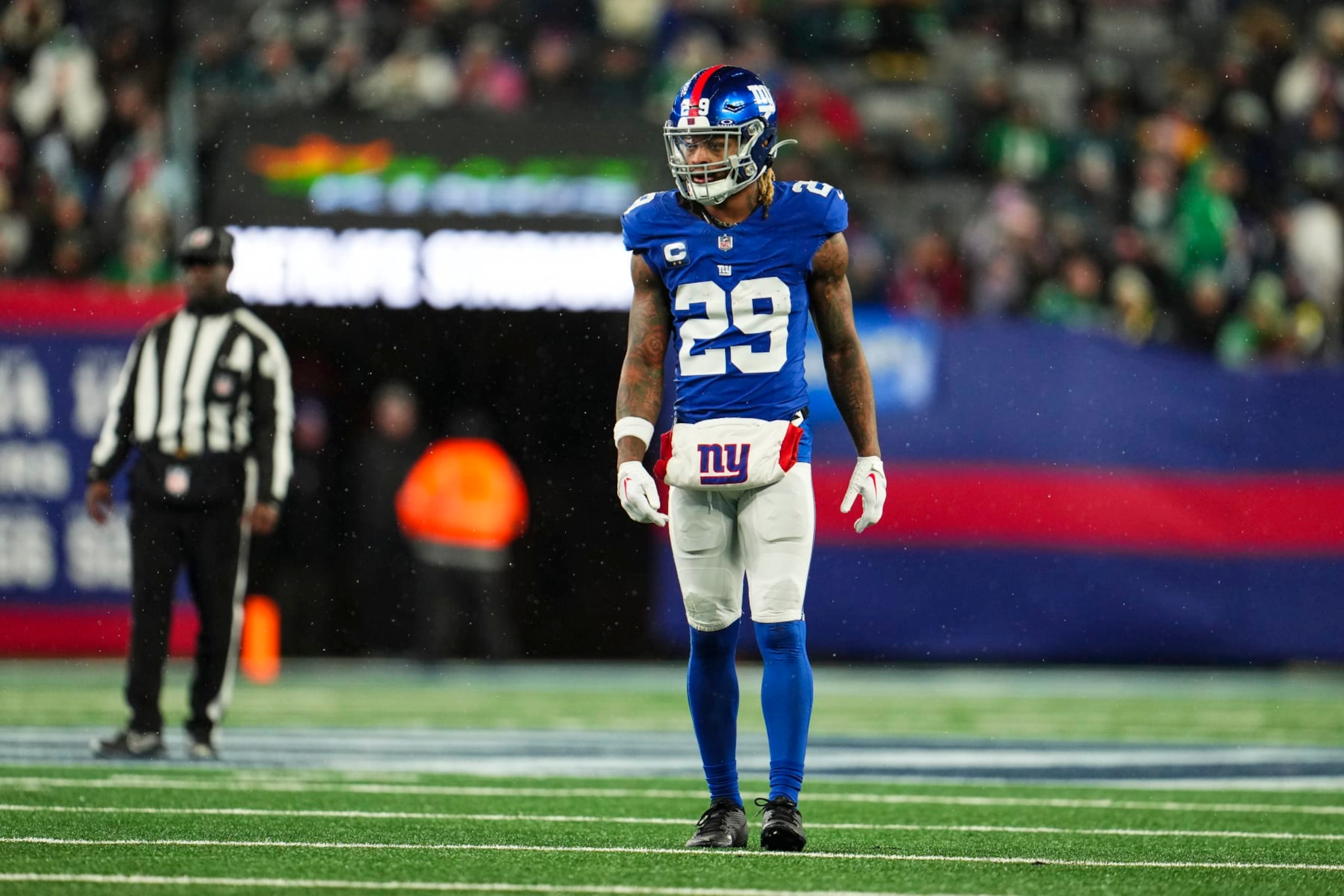 EAST RUTHERFORD, NJ - JANUARY 07: Xavier McKinney #29 of the New York Giants looks on from the field during an NFL football game against the Philadelphia Eagles at MetLife Stadium on January 7, 2024 in East Rutherford, New Jersey. (Photo by Cooper Neill/Getty Images) EAST RUTHERFORD, NJ - JANUARY 07: Xavier McKinney #29 of the New York Giants looks on from the field during an NFL football game against the Philadelphia Eagles at MetLife Stadium on January 7, 2024 in East Rutherford, New Jersey. (Photo by Cooper Neill/Getty Images)