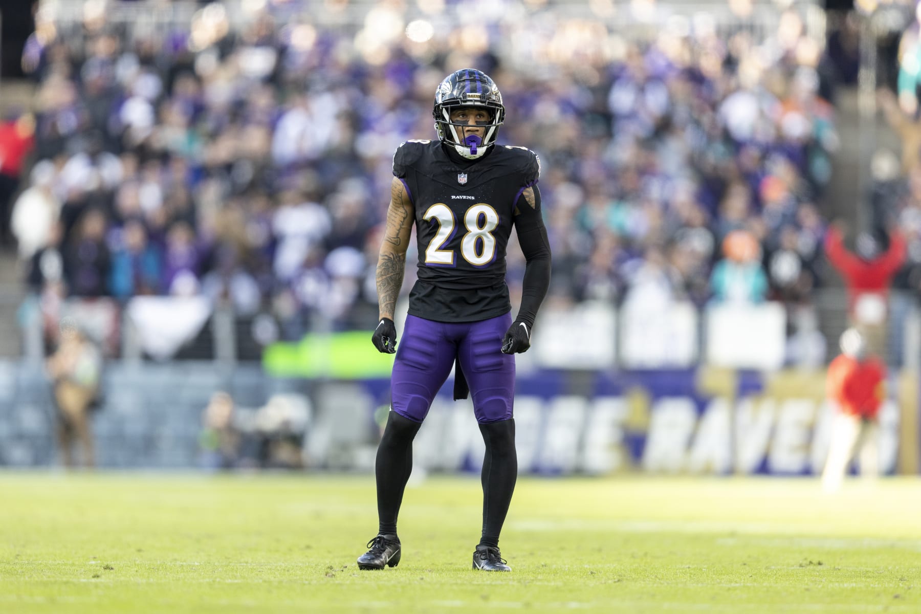 BALTIMORE, MARYLAND - DECEMBER 31: Ronald Darby #28 of the Baltimore Ravens looks on during an NFL football game between the Baltimore Ravens and the Miami Dolphins at M&T Bank Stadium on December 31, 2023 in Baltimore, Maryland. (Photo by Michael Owens/Getty Images) BALTIMORE, MARYLAND - DECEMBER 31: Ronald Darby #28 of the Baltimore Ravens looks on during an NFL football game between the Baltimore Ravens and the Miami Dolphins at M&T Bank Stadium on December 31, 2023 in Baltimore, Maryland. (Photo by Michael Owens/Getty Images)