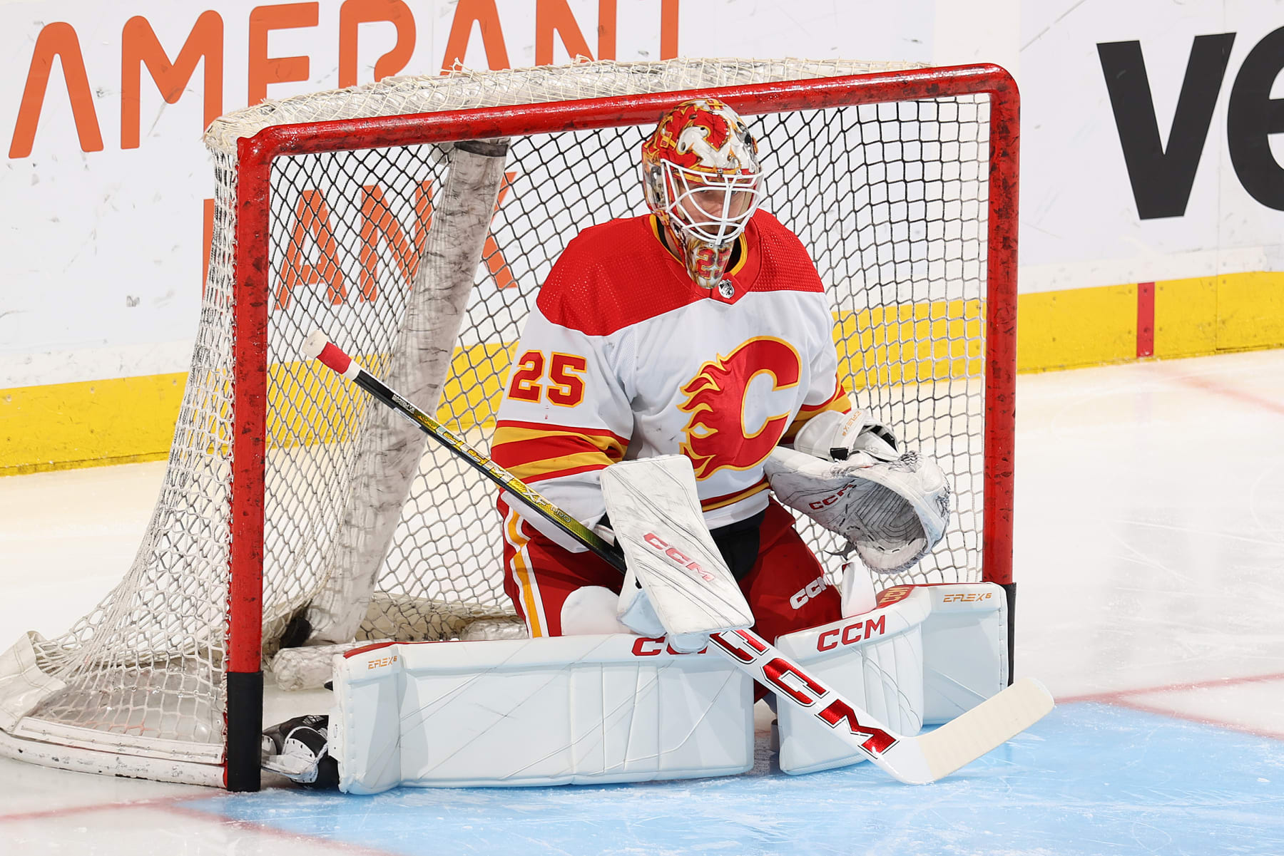 SUNRISE, FL - MARCH 9: Goaltender Jacob Markstrom #25 of the Calgary Flames warms up prior to the game against the Florida Panthers at the Amerant Bank Arena on March 9, 2024 in Sunrise, Florida. (Photo by Joel Auerbach/Getty Images)