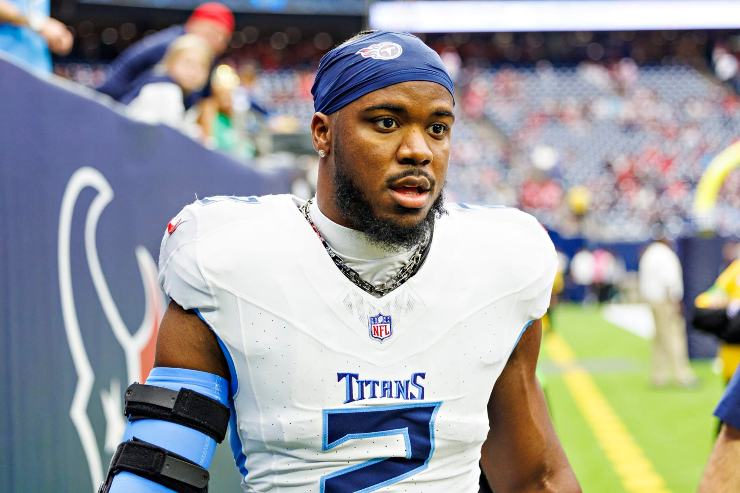 HOUSTON, TEXAS - DECEMBER 31: Azeez Al-Shaair #2 of the Tennessee Titans on the field before the game against the Houston Texans at NRG Stadium on December 31, 2023 in Houston, Texas. The Texans defeated the Titans 26-3.  (Photo by Wesley Hitt/Getty Images)