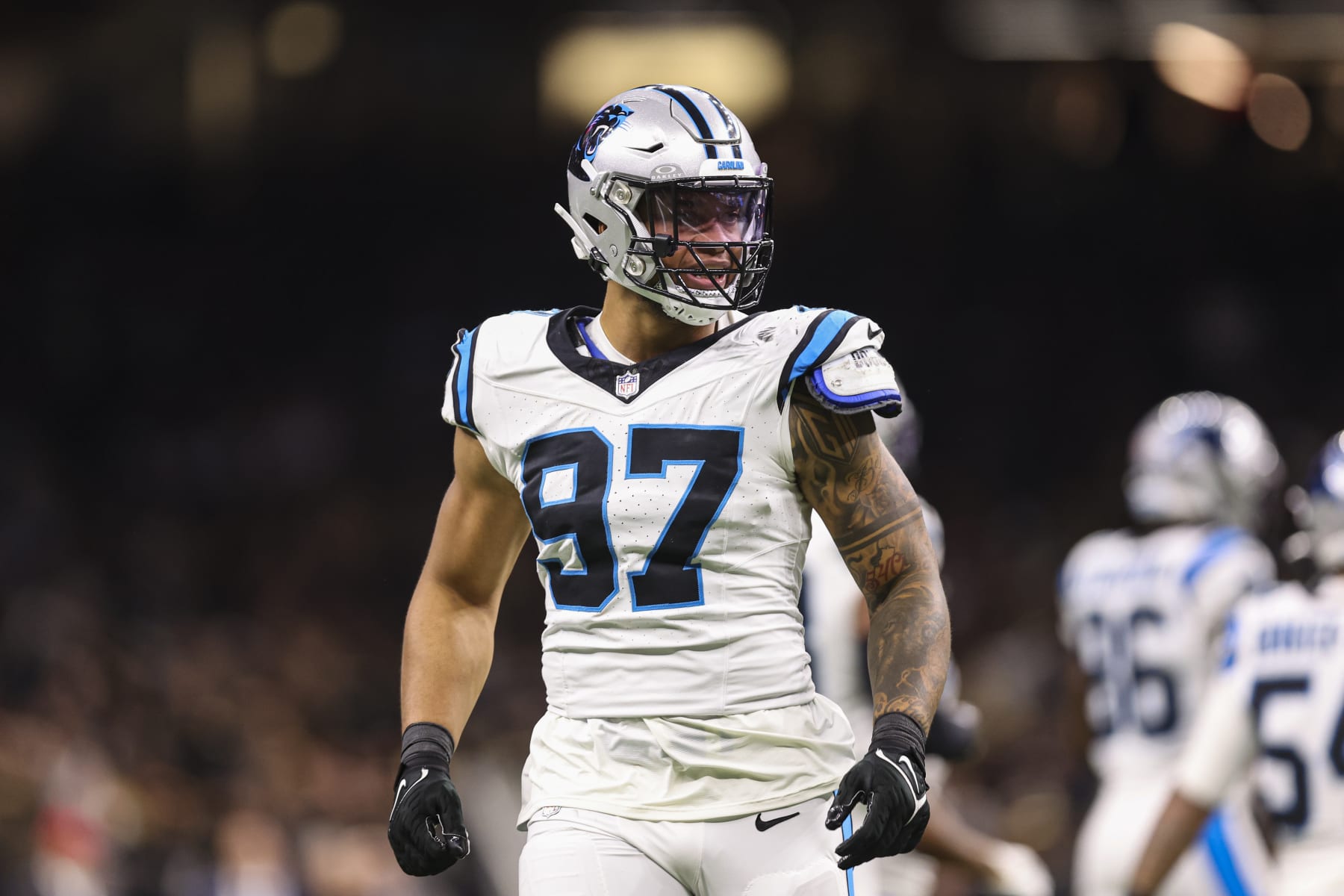 NEW ORLEANS, LA - DECEMBER 10: Yetur Gross-Matos #97 of the Carolina Panthers looks on from the field during an NFL football game against the New Orleans Saints at Caesars Superdome on December 10, 2023 in New Orleans, LA. (Photo by Perry Knotts/Getty Images) NEW ORLEANS, LA - DECEMBER 10: Yetur Gross-Matos #97 of the Carolina Panthers looks on from the field during an NFL football game against the New Orleans Saints at Caesars Superdome on December 10, 2023 in New Orleans, LA. (Photo by Perry Knotts/Getty Images)