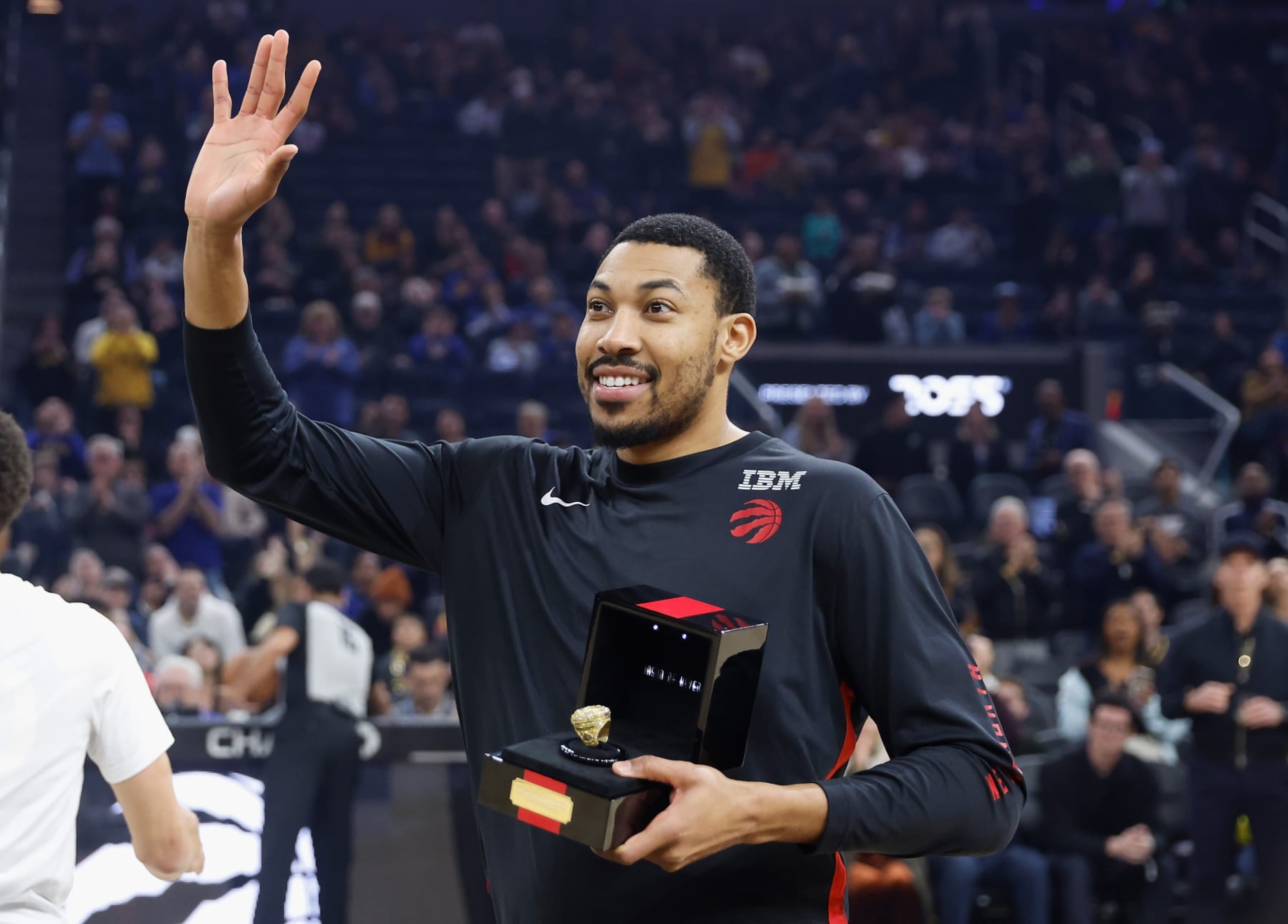 SAN FRANCISCO, CALIFORNIA - JANUARY 07: Otto Porter Jr. #32 of the Toronto Raptors is presented with his 2021/22 championship ring before the game against the Golden State Warriors at Chase Center on January 07, 2024 in San Francisco, California. NOTE TO USER: User expressly acknowledges and agrees that, by downloading and or using this photograph, User is consenting to the terms and conditions of the Getty Images License Agreement. (Photo by Lachlan Cunningham/Getty Images)