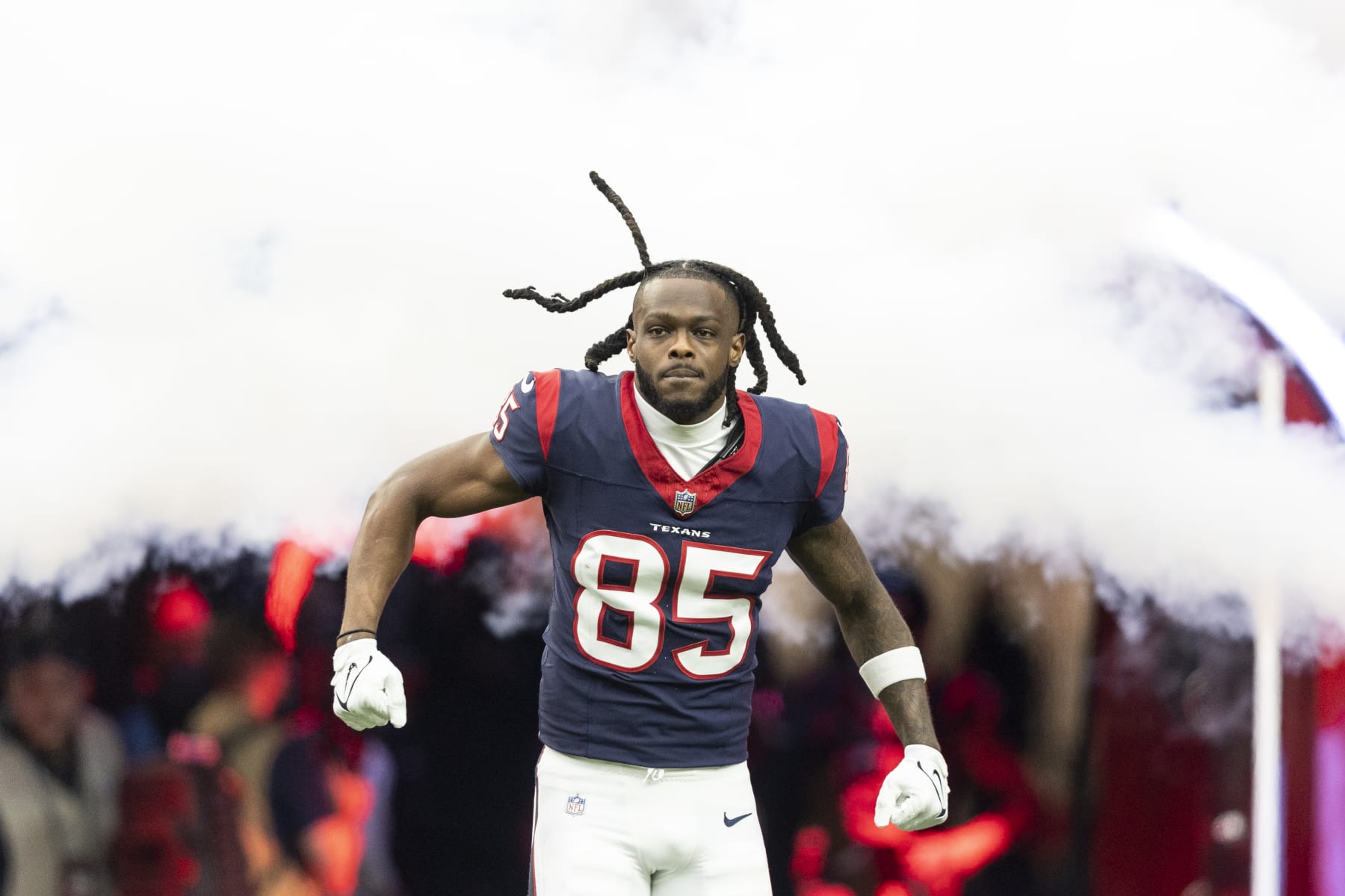 HOUSTON, TEXAS - JANUARY 13: Noah Brown #85 of the Houston Texans reacts as he takes the field prior to an NFL wild-card playoff football game between the Houston Texans and the Cleveland Browns at NRG Stadium on January 13, 2024 in Houston, Texas. (Photo by Michael Owens/Getty Images) HOUSTON, TEXAS - JANUARY 13: Noah Brown #85 of the Houston Texans reacts as he takes the field prior to an NFL wild-card playoff football game between the Houston Texans and the Cleveland Browns at NRG Stadium on January 13, 2024 in Houston, Texas. (Photo by Michael Owens/Getty Images)
