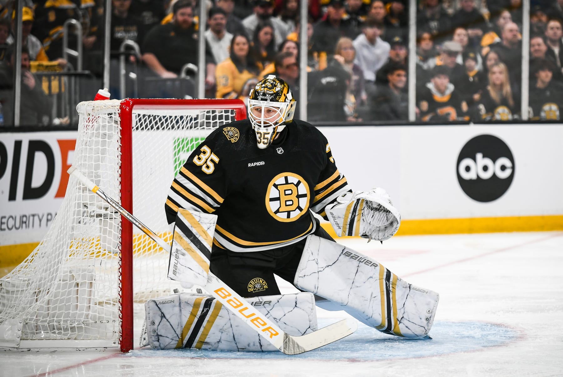BOSTON, MASSACHUSETTS - MARCH 09: Linus Ullmark #35 of the Boston Bruins tends the net during the first period against the Pittsburgh Penguins at TD Garden on March 09, 2024 in Boston, Massachusetts. (Photo by China Wong/NHLI via Getty Images)