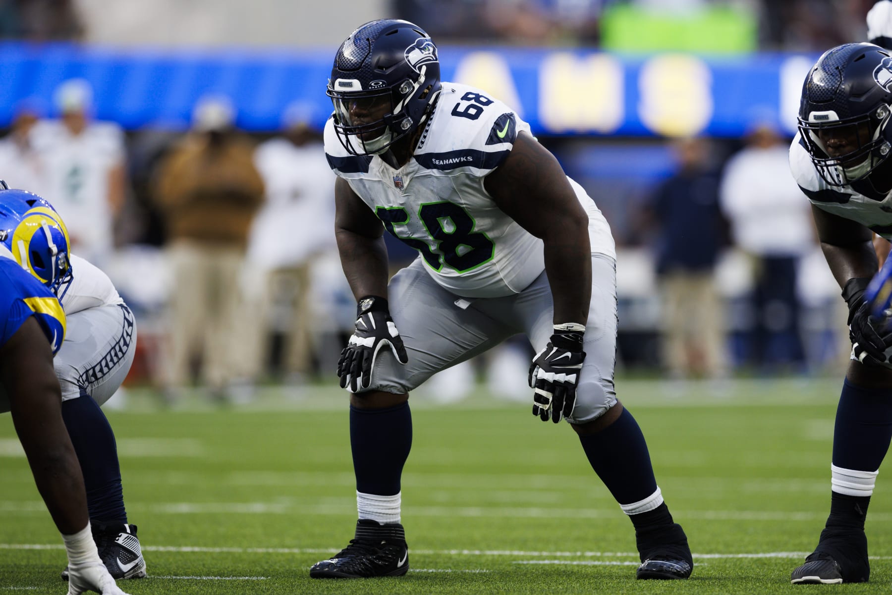 INGLEWOOD, CALIFORNIA - NOVEMBER 19: Damien Lewis #68 of the Seattle Seahawks in an offensive stance during a game against the Los Angeles Rams at SoFi Stadium on November 19, 2023 in Inglewood, California. (Photo by Ric Tapia/Getty Images) INGLEWOOD, CALIFORNIA - NOVEMBER 19: Damien Lewis #68 of the Seattle Seahawks in an offensive stance during a game against the Los Angeles Rams at SoFi Stadium on November 19, 2023 in Inglewood, California. (Photo by Ric Tapia/Getty Images)