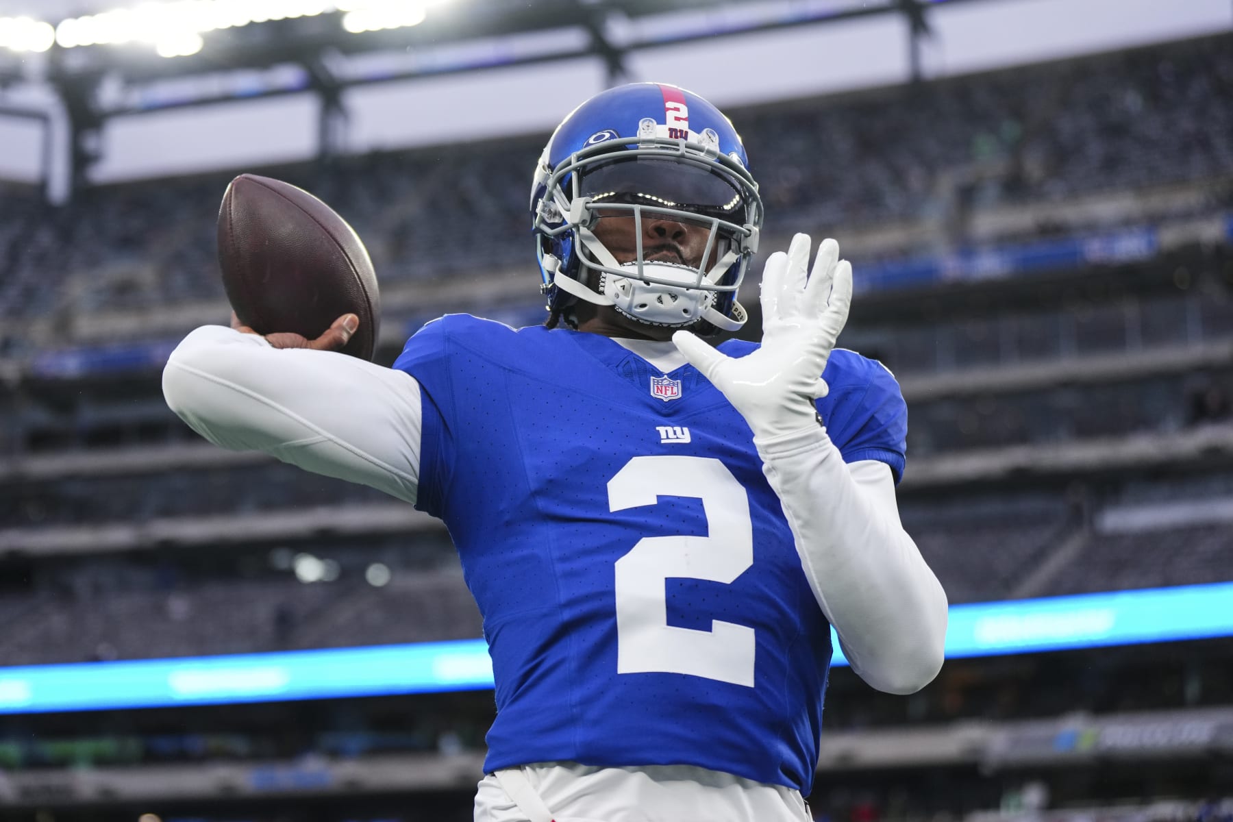 EAST RUTHERFORD, NJ - JANUARY 07: Tyrod Taylor #2 of the New York Giants warms up prior to an NFL football game against the Philadelphia Eagles at MetLife Stadium on January 7, 2024 in East Rutherford, New Jersey. (Photo by Cooper Neill/Getty Images) EAST RUTHERFORD, NJ - JANUARY 07: Tyrod Taylor #2 of the New York Giants warms up prior to an NFL football game against the Philadelphia Eagles at MetLife Stadium on January 7, 2024 in East Rutherford, New Jersey. (Photo by Cooper Neill/Getty Images)
