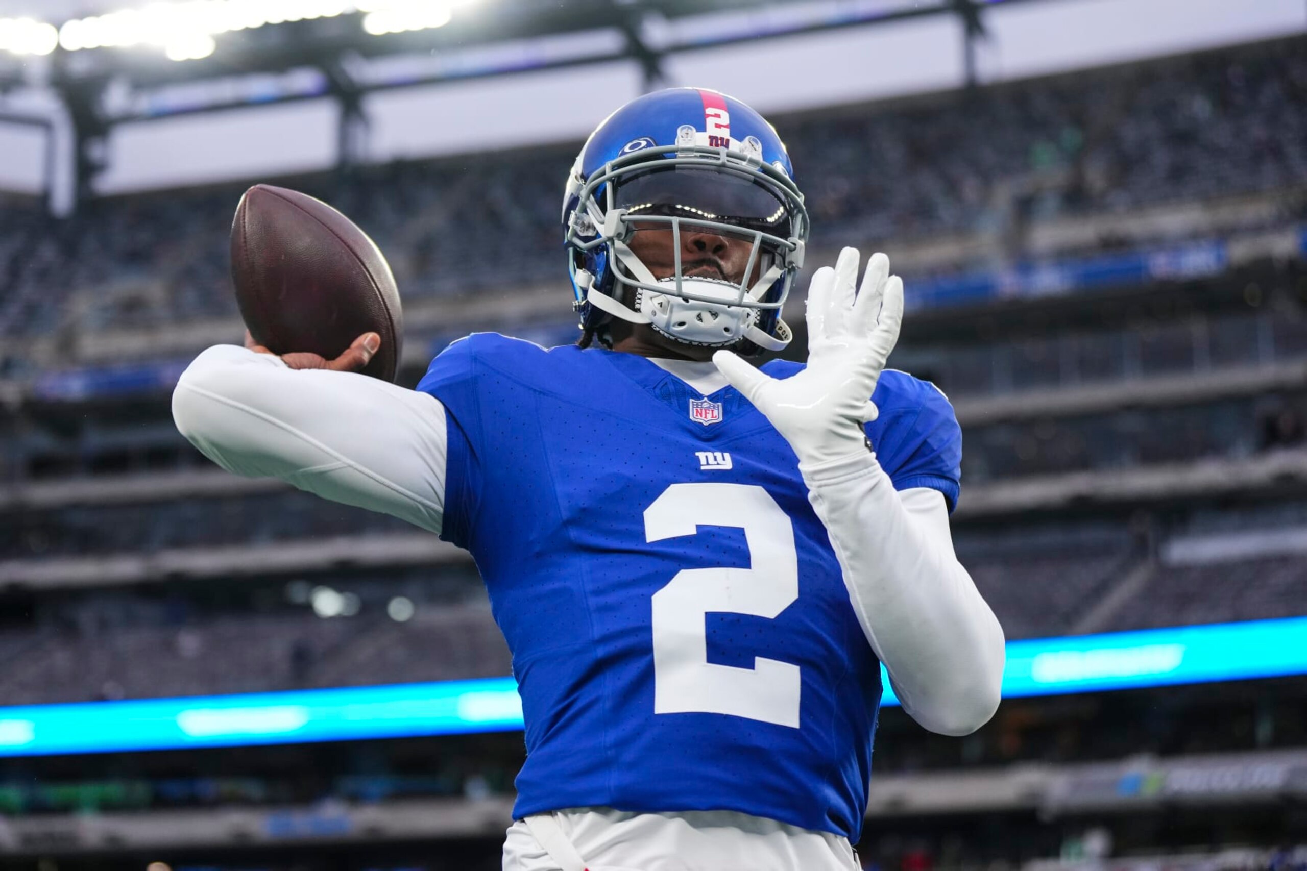 EAST RUTHERFORD, NJ - JANUARY 07: Tyrod Taylor #2 of the New York Giants warms up prior to an NFL football game against the Philadelphia Eagles at MetLife Stadium on January 7, 2024 in East Rutherford, New Jersey. (Photo by Cooper Neill/Getty Images)