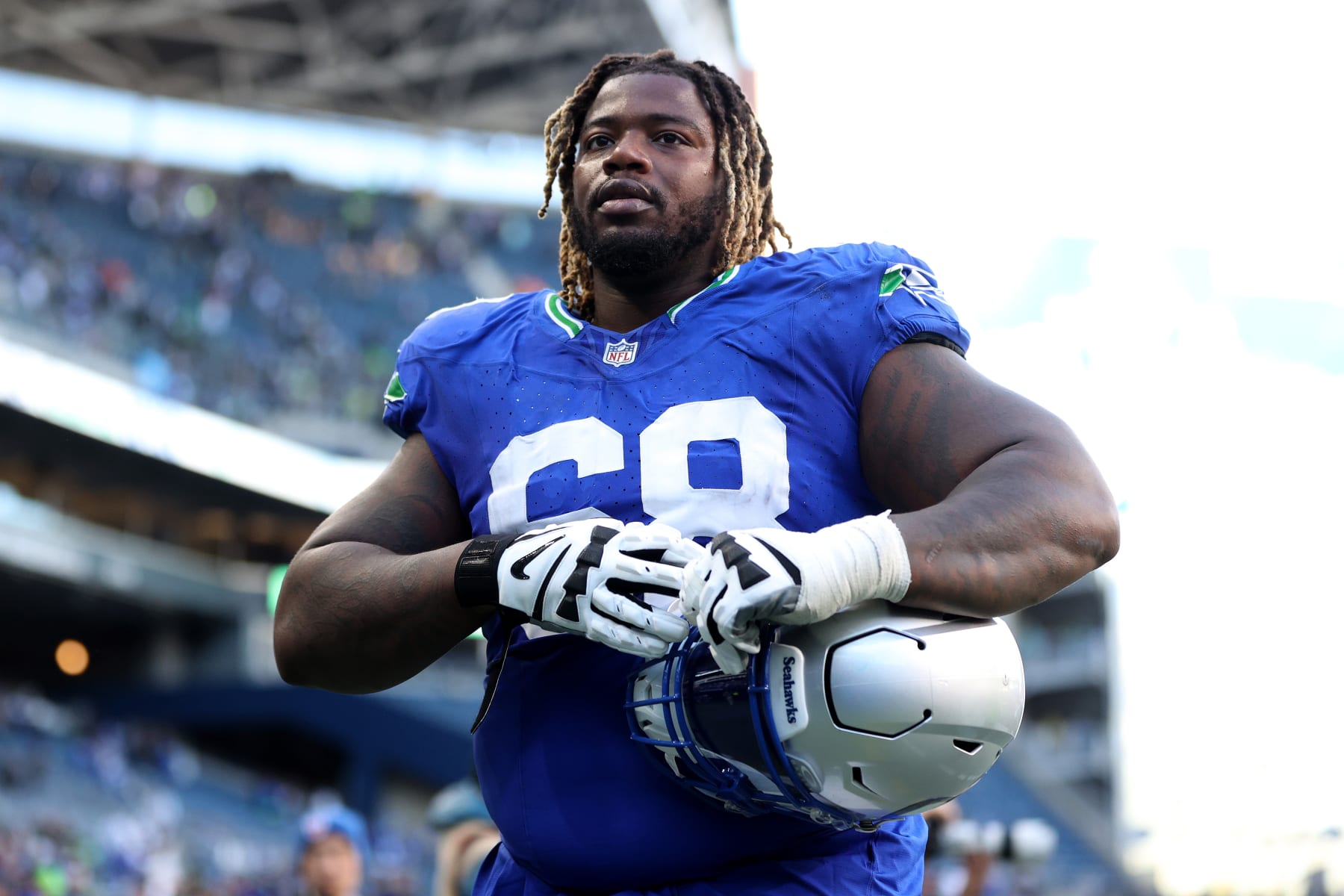 SEATTLE, WASHINGTON - OCTOBER 29: Damien Lewis #68 of the Seattle Seahawks reacts after the game against the Cleveland Browns at Lumen Field on October 29, 2023 in Seattle, Washington. (Photo by Steph Chambers/Getty Images)
