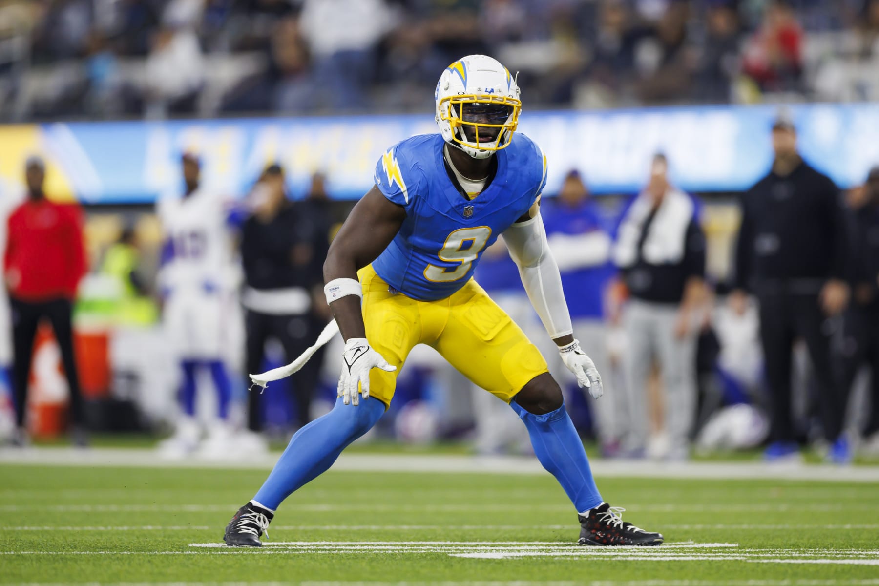 INGLEWOOD, CA - DECEMBER 23: Kenneth Murray Jr. #9 of the Los Angeles Chargers defends in coverage during an NFL football game against the Buffalo Bills at SoFi Stadium on December 23, 2023 in Inglewood, California. (Photo by Ryan Kang/Getty Images)