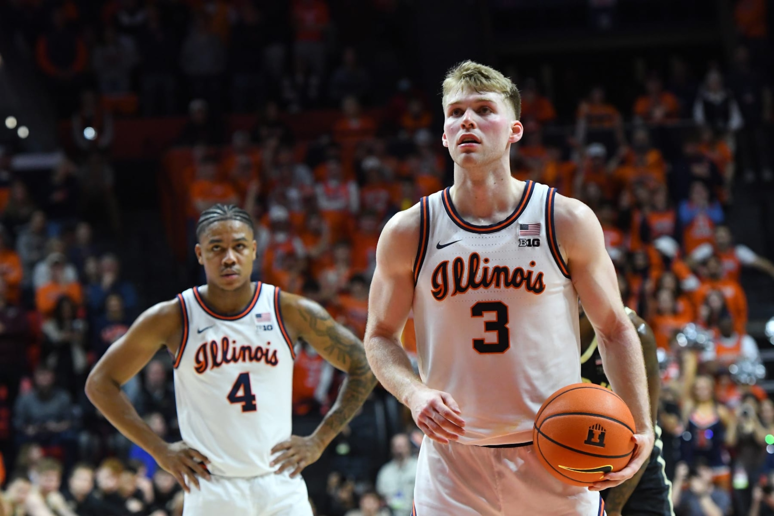 CHAMPAIGN, IL - MARCH 05: Illinois Fighting Illini Guard Marcus Domask (3) pauses during a free throw as teammate against the Purdue Boilermakers as teammate Illini Guard Justin Harmon (4) watches, Tuesday, March 5, 2024, in a Big 10 Conference contest at State Farm Center in Champaign, Illinois. (Photo by David Allio/Icon Sportswire via Getty Images)