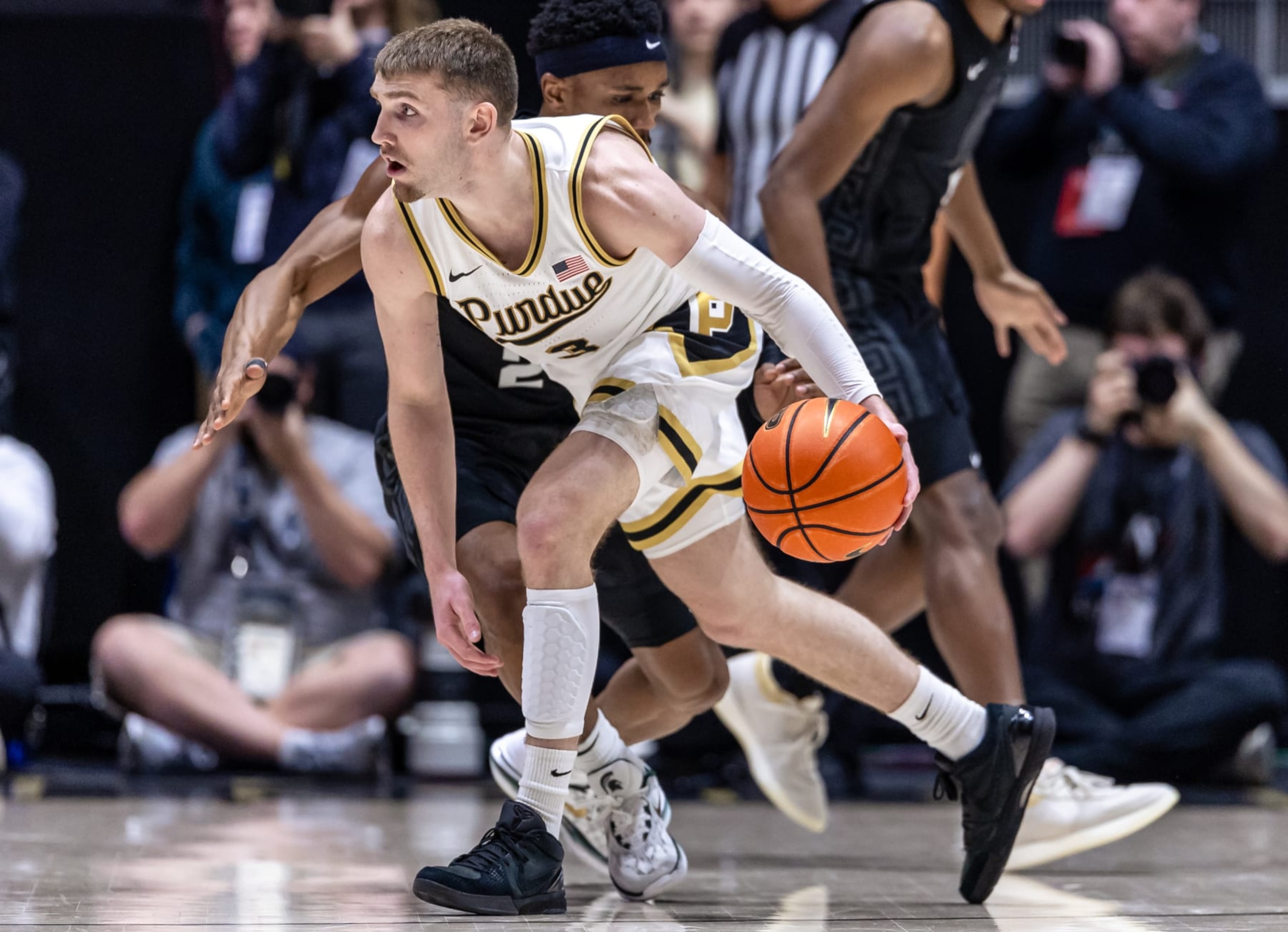 WEST LAFAYETTE, INDIANA - MARCH 2: Braden Smith #3 of the Purdue Boilermakers dribbles during the game against the Michigan State Spartans at Mackey Arena on March 2, 2024 in West Lafayette, Indiana. (Photo by Michael Hickey/Getty Images)