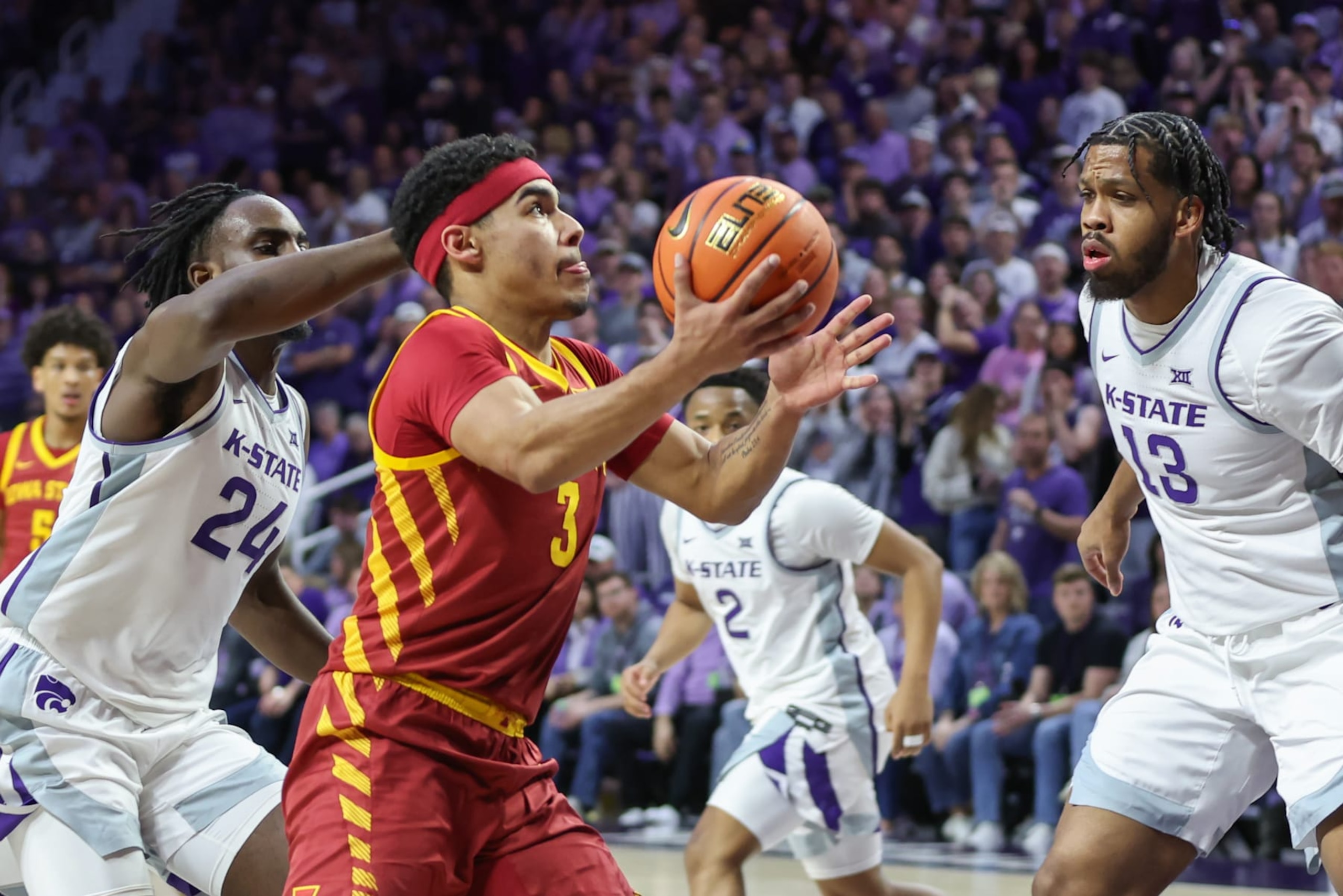 MANHATTAN, KS - MARCH 09: Iowa State Cyclones guard Tamin Lipsey (3) drives to the basket in the second half of a Big 12 basketball game between the Iowa State Cyclones and Kansas State Wildcats on Mar 9, 2024 at Bramlage Coliseum in Manhattan, KS. (Photo by Scott Winters/Icon Sportswire via Getty Images) MANHATTAN, KS - MARCH 09: Iowa State Cyclones guard Tamin Lipsey (3) drives to the basket in the second half of a Big 12 basketball game between the Iowa State Cyclones and Kansas State Wildcats on Mar 9, 2024 at Bramlage Coliseum in Manhattan, KS. (Photo by Scott Winters/Icon Sportswire via Getty Images)