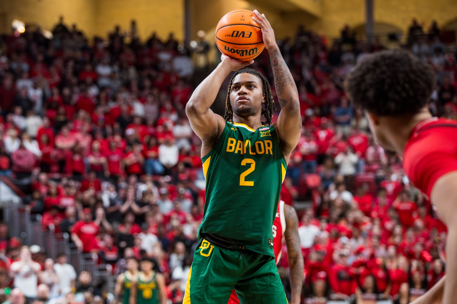 LUBBOCK, TEXAS - MARCH 09: Jayden Nunn #2 of the Baylor Bears shoots a free throw during the first half of the game against the Texas Tech Red Raiders at United Supermarkets Arena on March 09, 2024 in Lubbock, Texas. (Photo by John E. Moore III/Getty Images)
